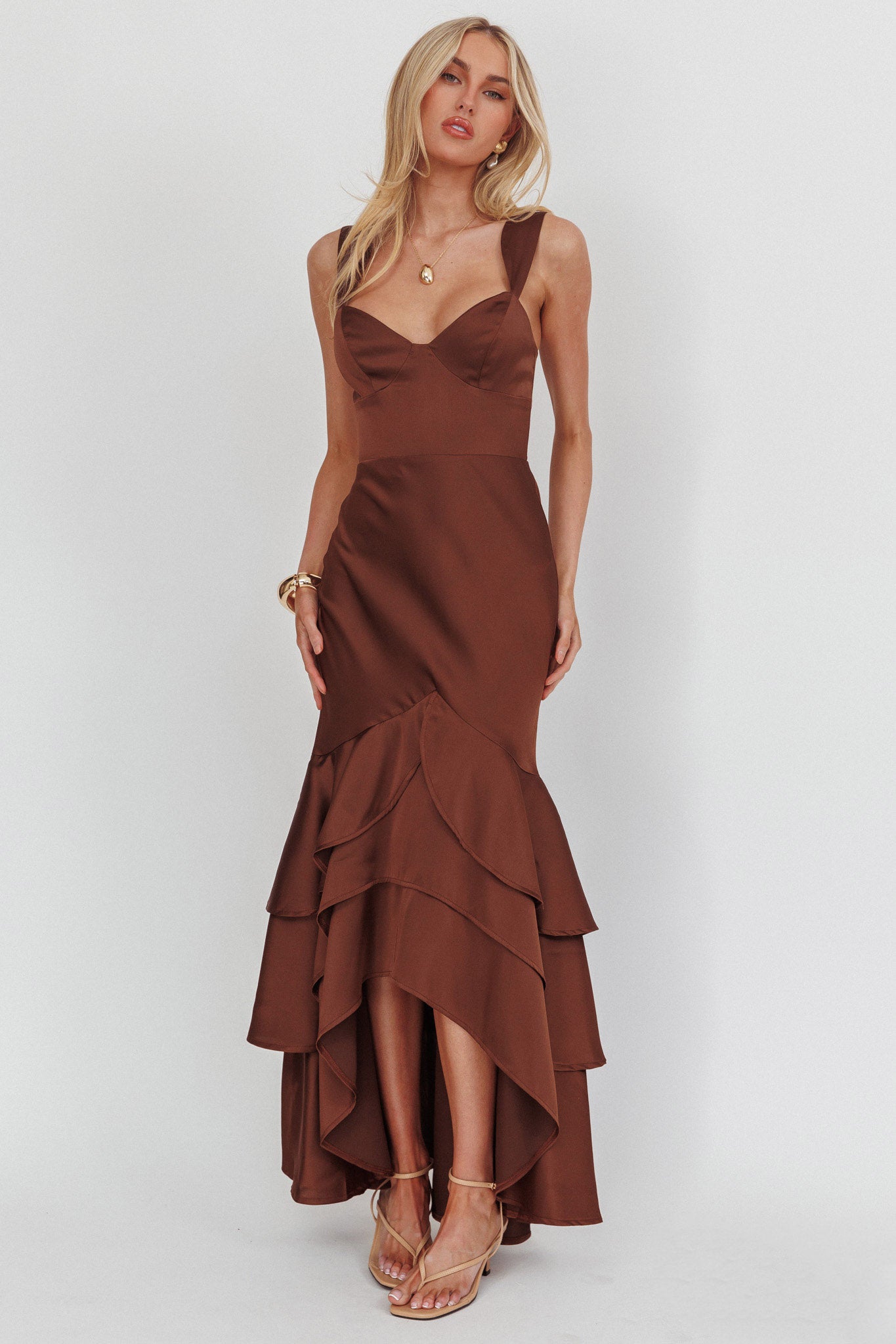 Baylin Layered Mermaid Hem Maxi Dress Coffee-Fable Dress