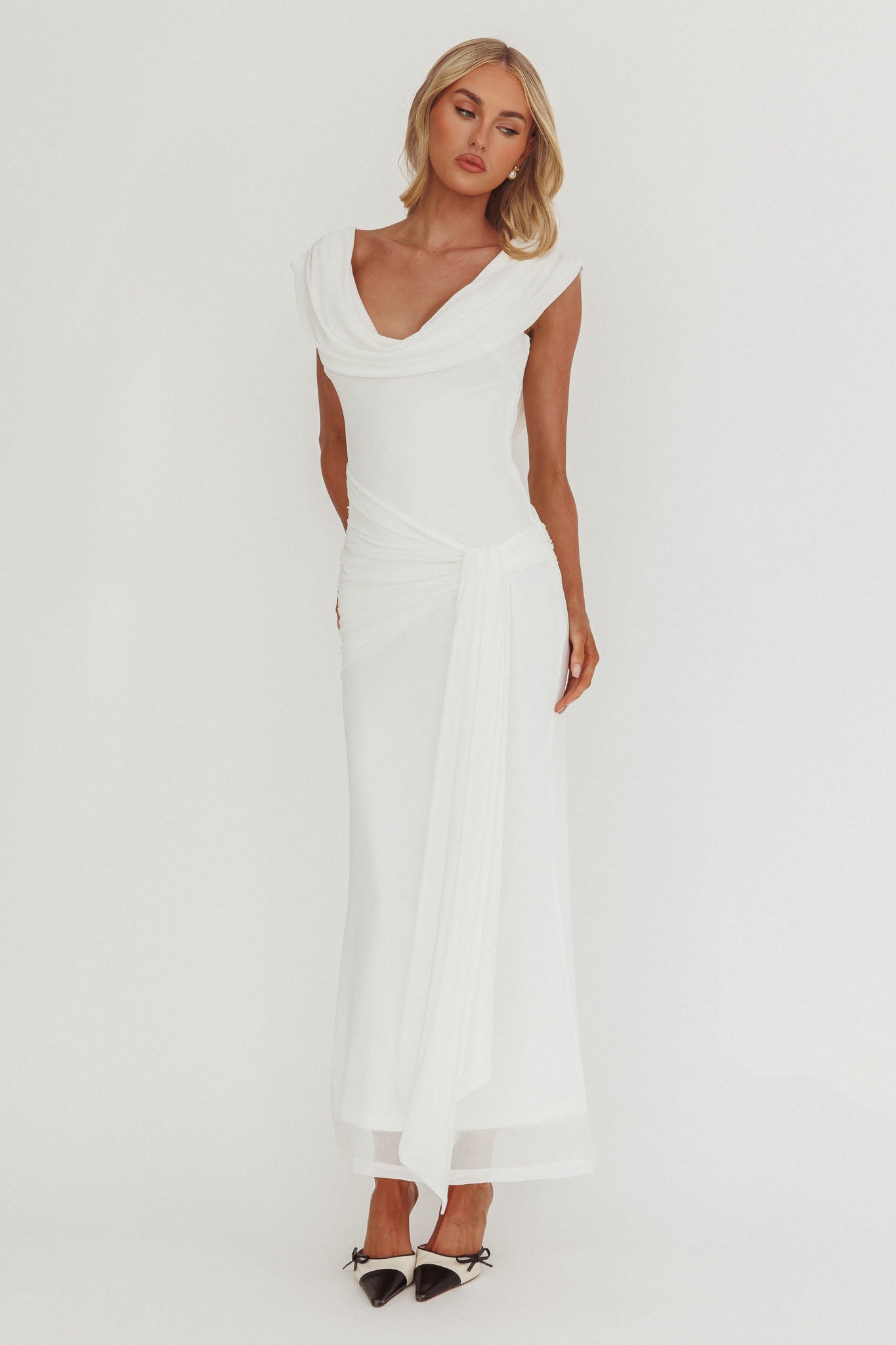 Virgo Season Draped Shoulder Maxi Dress White-Fable Dress