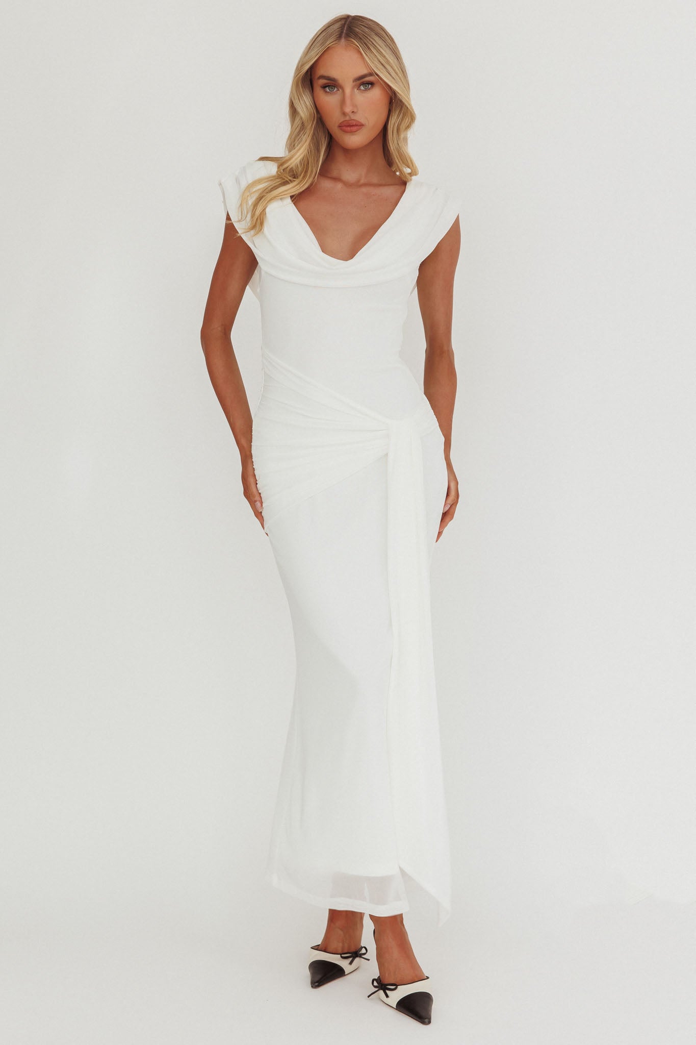 Virgo Season Draped Shoulder Maxi Dress White-Fable Dress