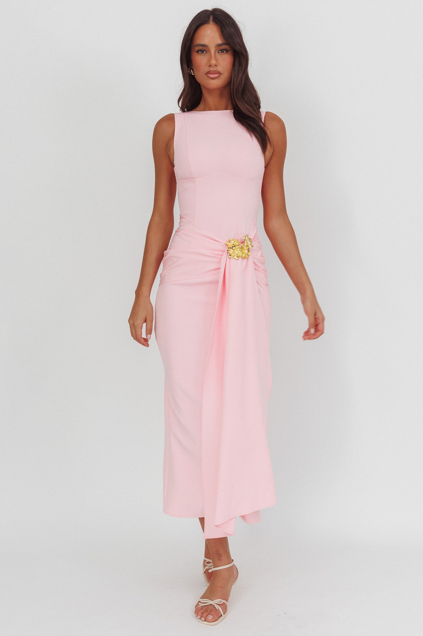 Zimora Gold Buckle Waist Drape Maxi Dress Pink-Fable Dress