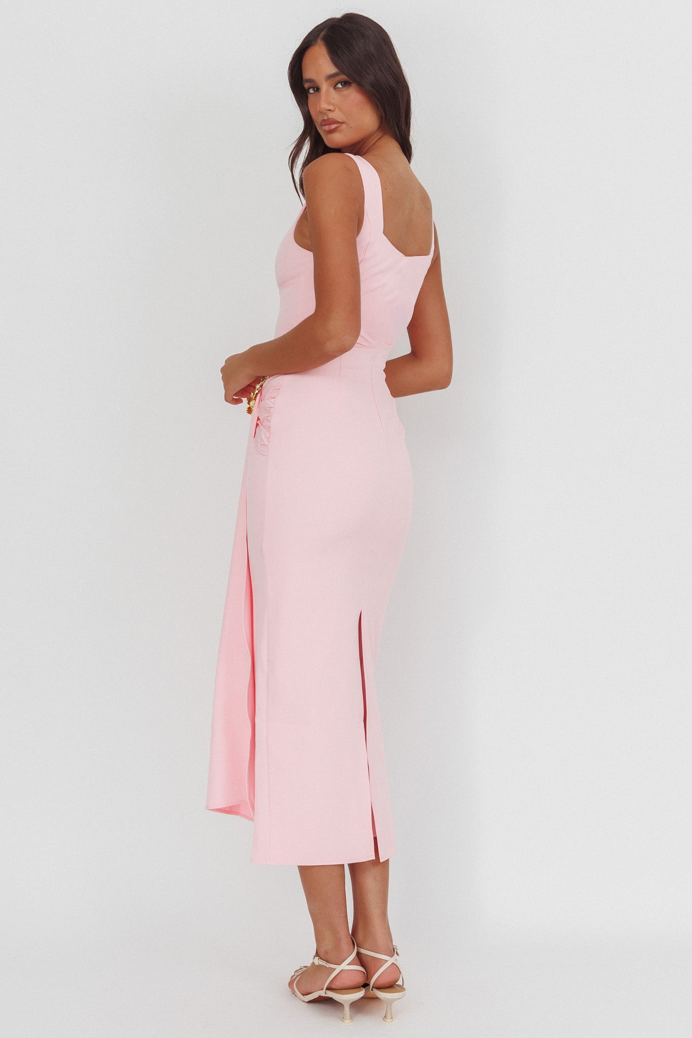 Zimora Gold Buckle Waist Drape Maxi Dress Pink-Fable Dress