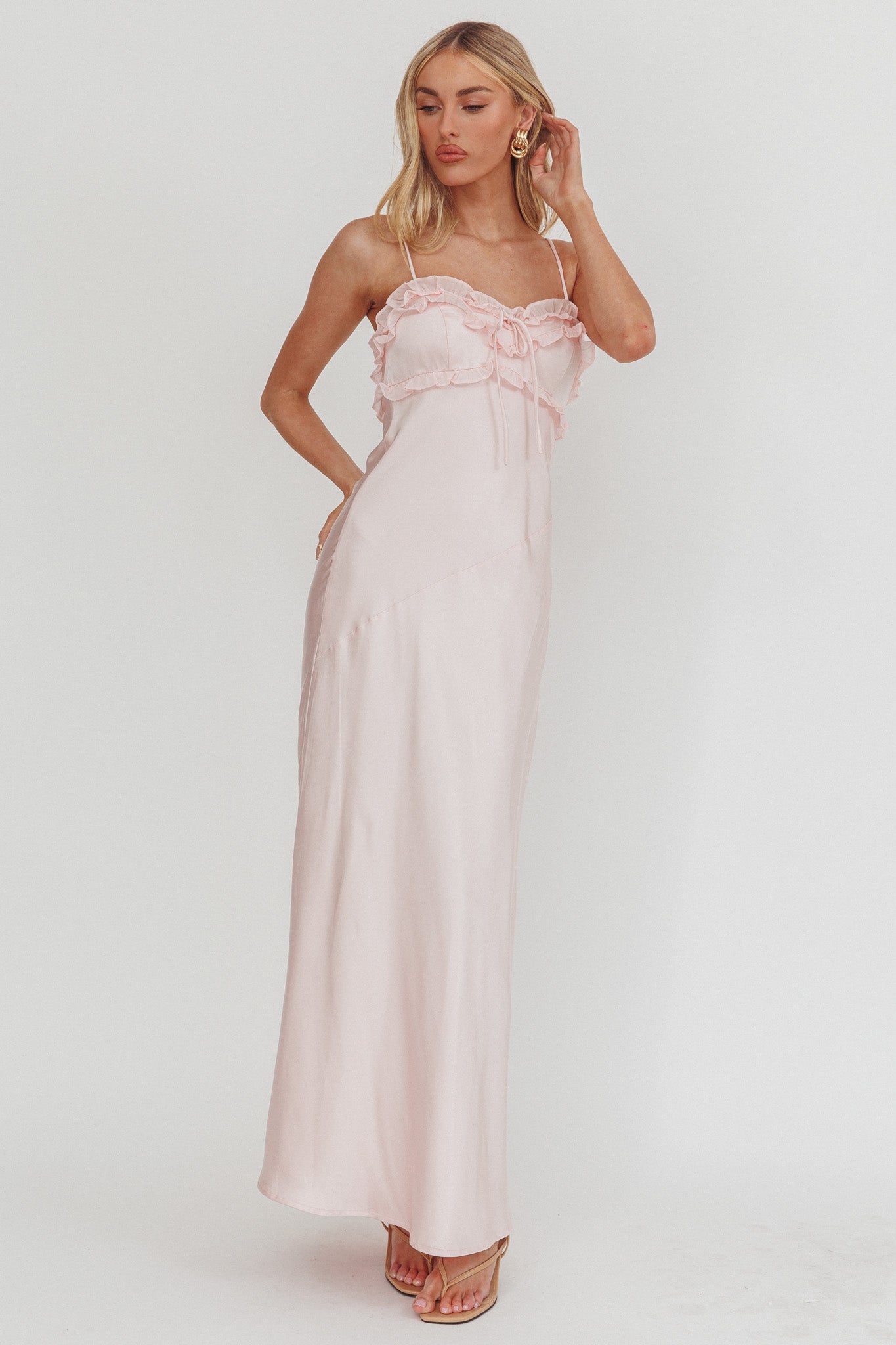 Caryn Frill Trim Maxi Dress Pink-Fable Dress