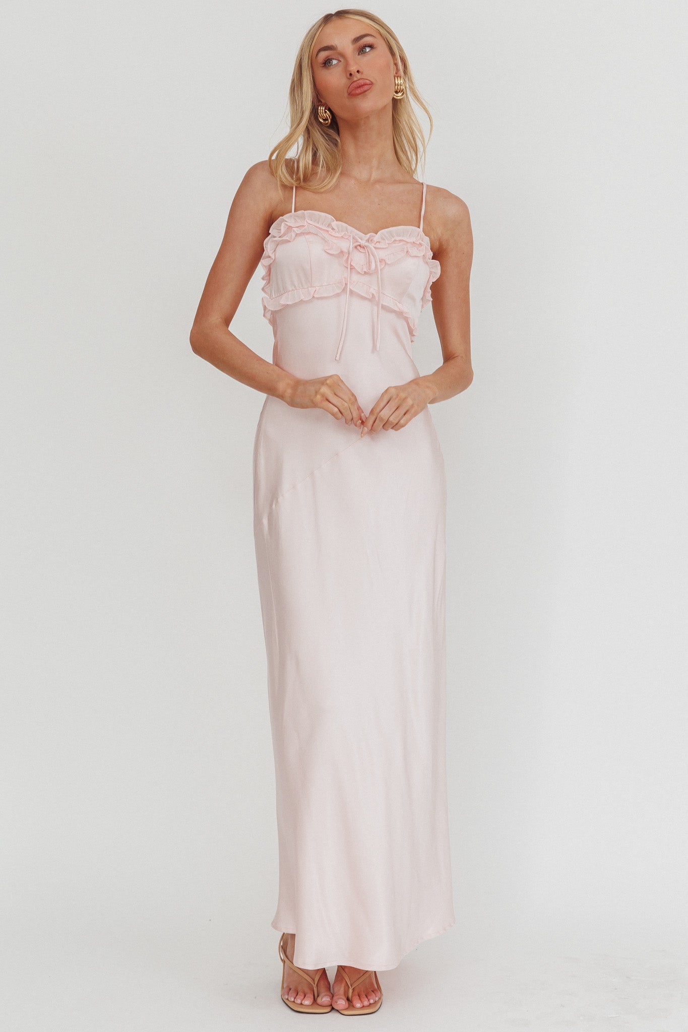 Caryn Frill Trim Maxi Dress Pink-Fable Dress