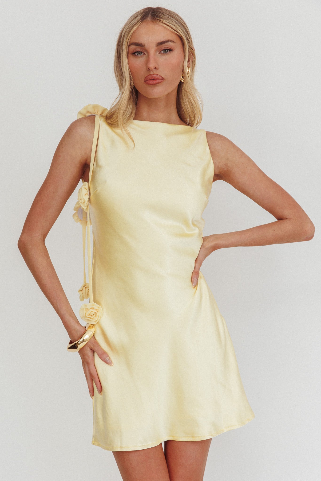 Collecting Memories Backless Rosette String Mini Dress Butter-Fable Dress