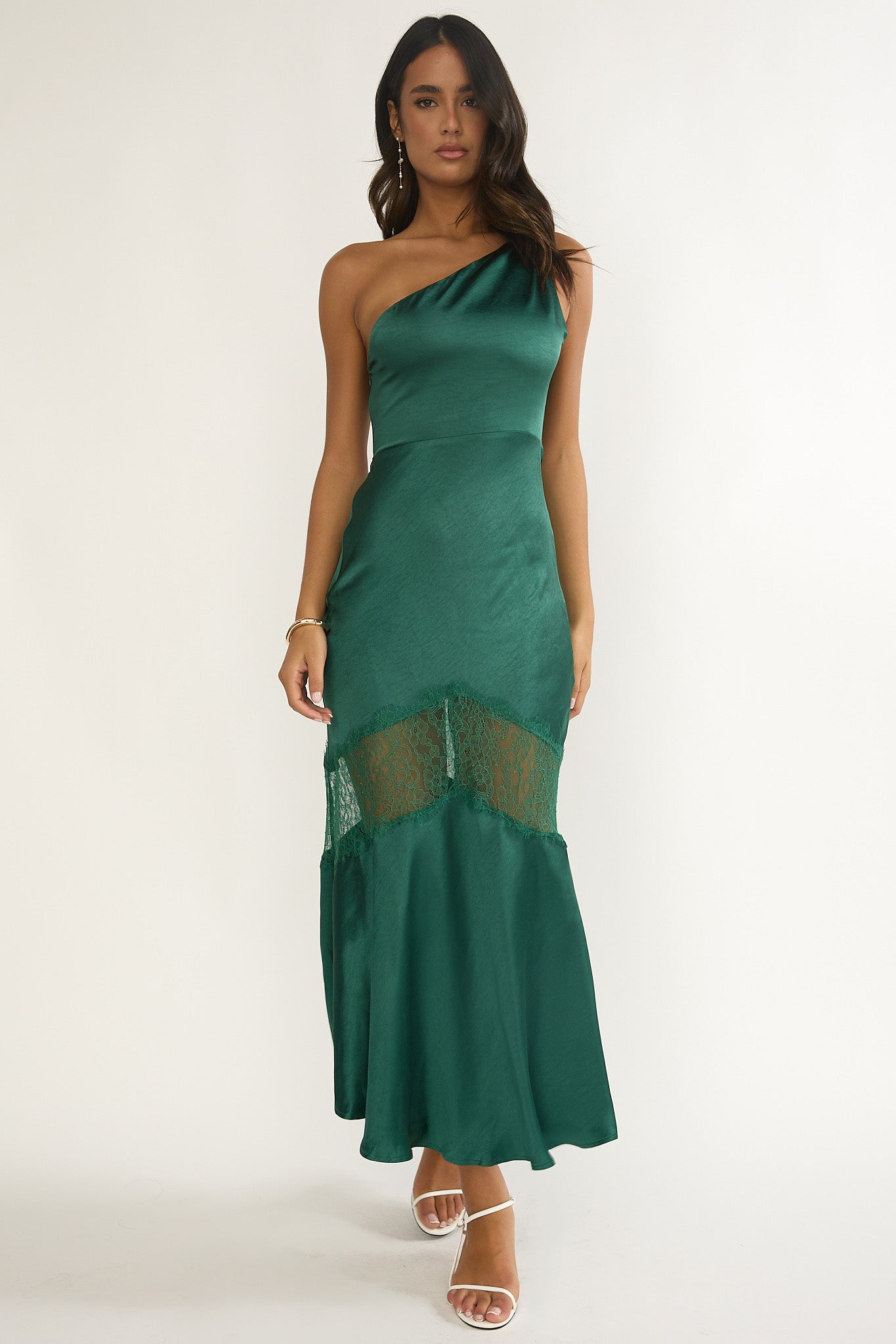 Avielle Lace Trim One-Shoulder Maxi Dress Forest Green-Fable Dress