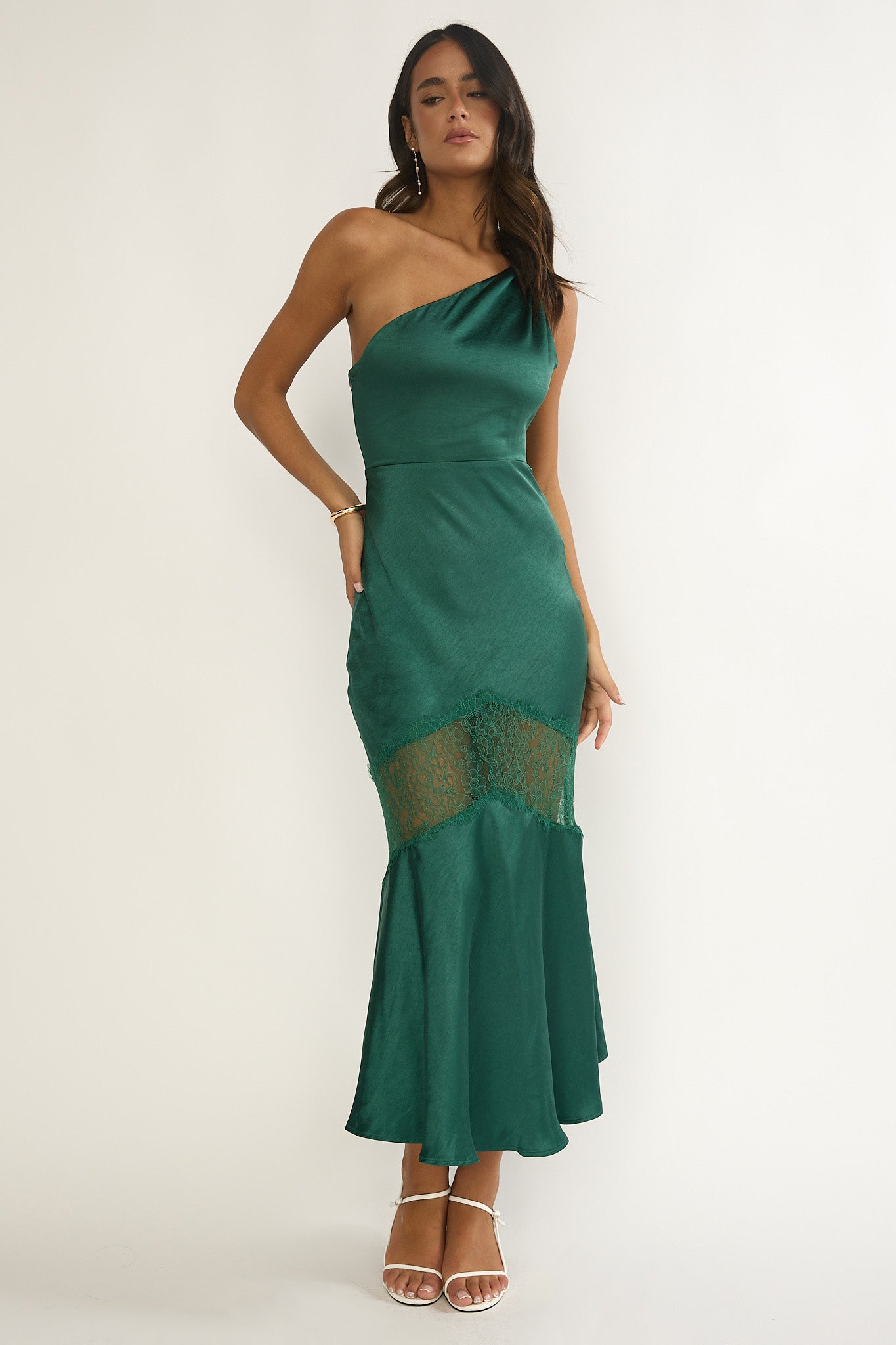 Avielle Lace Trim One-Shoulder Maxi Dress Forest Green-Fable Dress