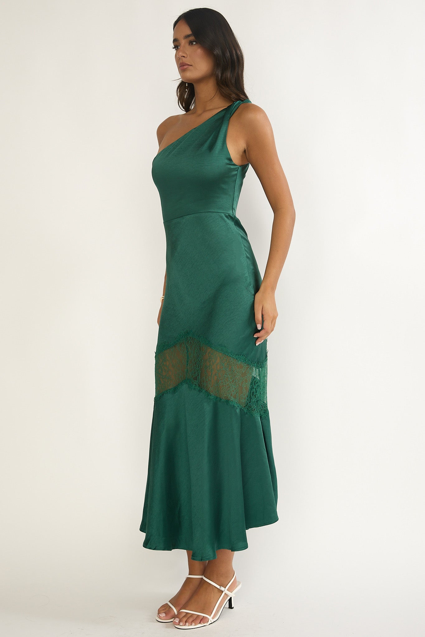 Avielle Lace Trim One-Shoulder Maxi Dress Forest Green-Fable Dress
