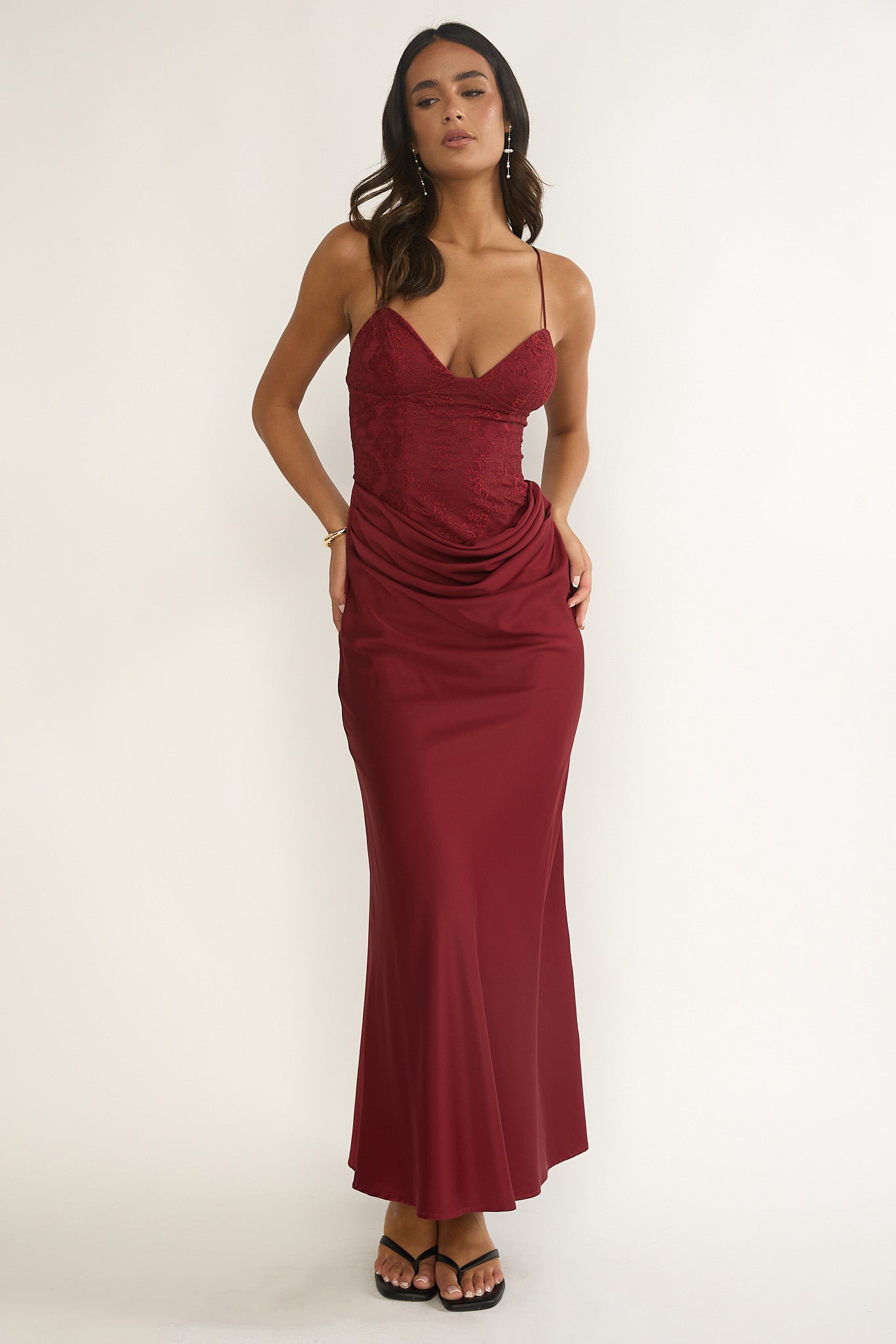 Faelis Draped Waist Maxi Dress Wine-Fable Dress