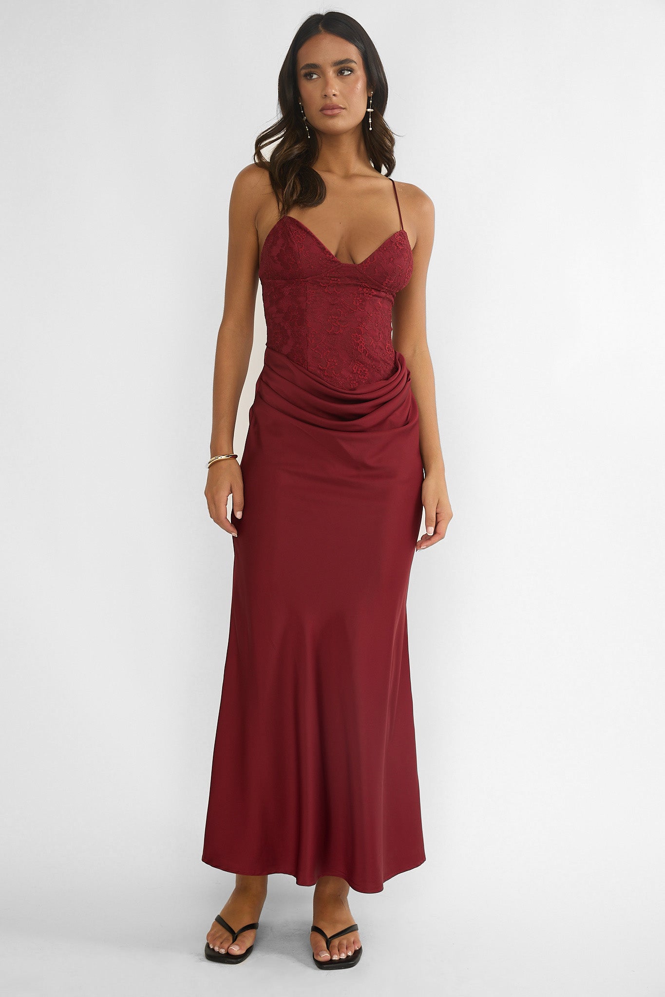 Faelis Draped Waist Maxi Dress Wine-Fable Dress