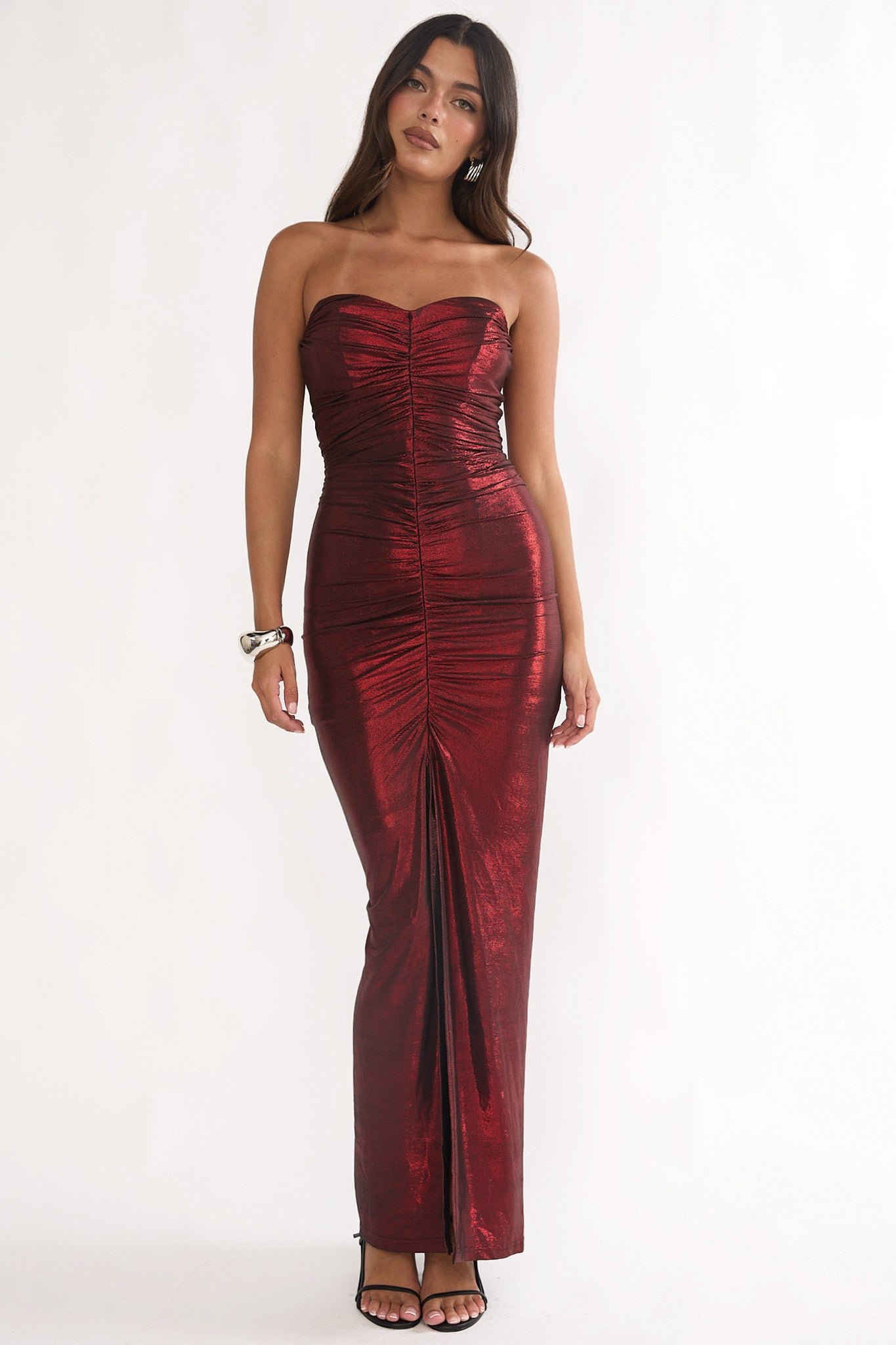 Nerina Strapless Ruched Maxi Dress Red-Fable Dress
