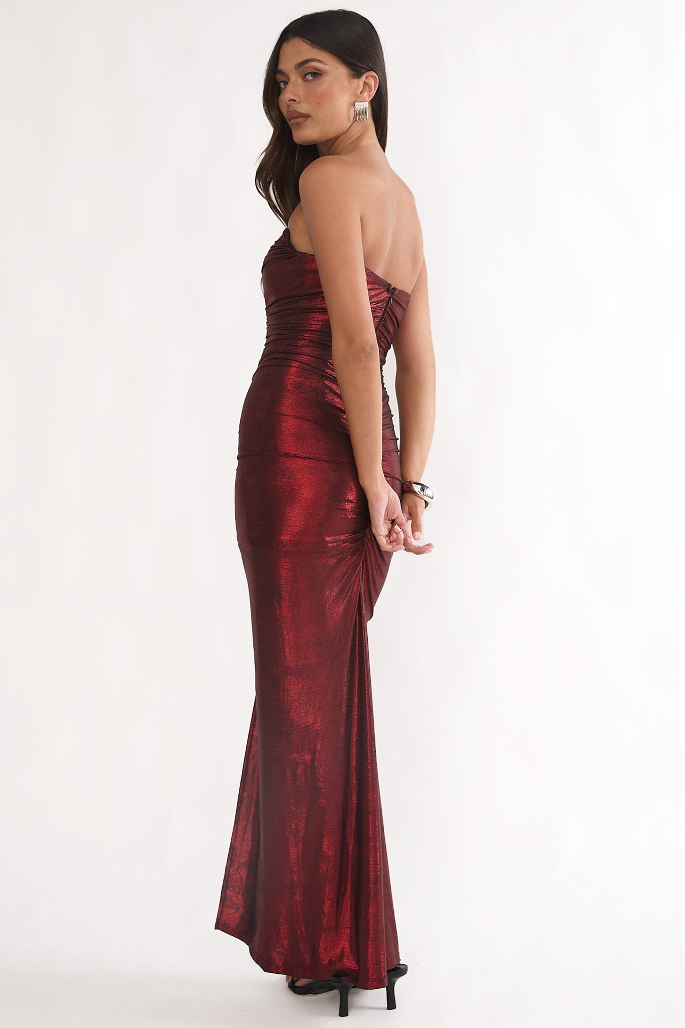 Nerina Strapless Ruched Maxi Dress Red-Fable Dress