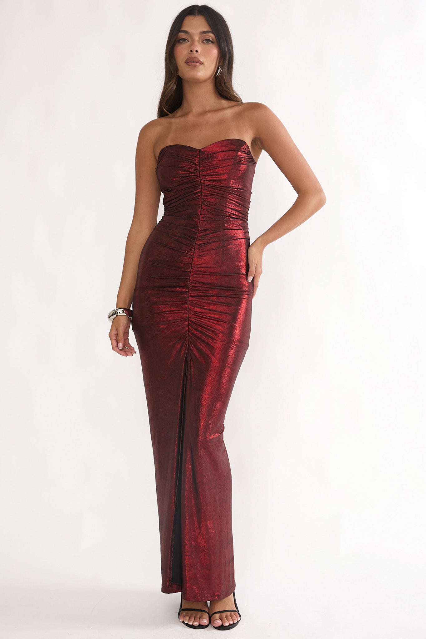 Nerina Strapless Ruched Maxi Dress Red-Fable Dress