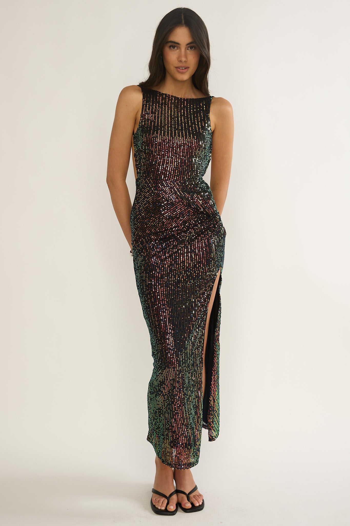 Zaretha Backless Split Maxi Dress Sequin Black/Gold-Fable Dress