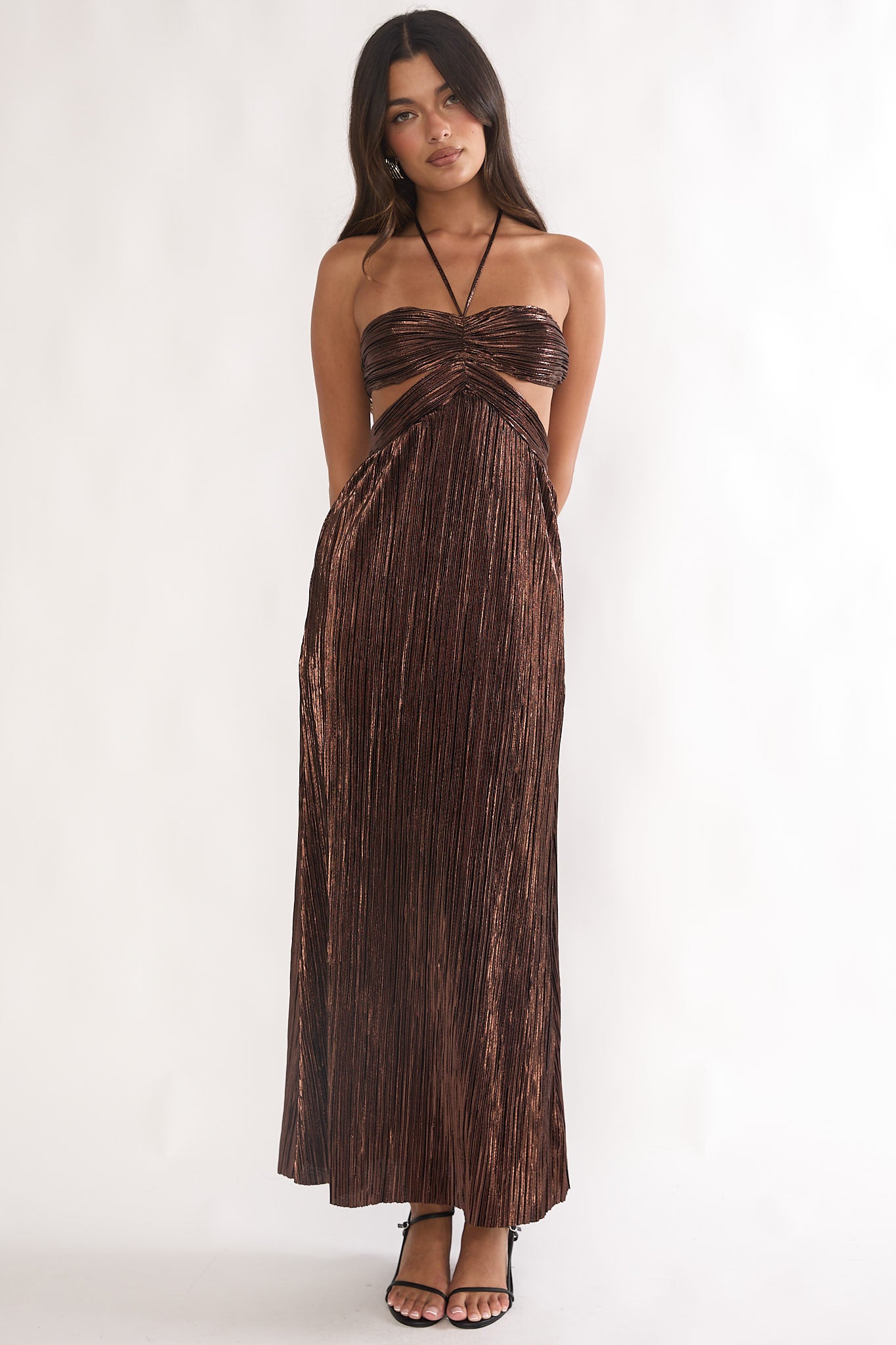 Isle Cut-Out Halterneck Maxi Dress Gold-Fable Dress