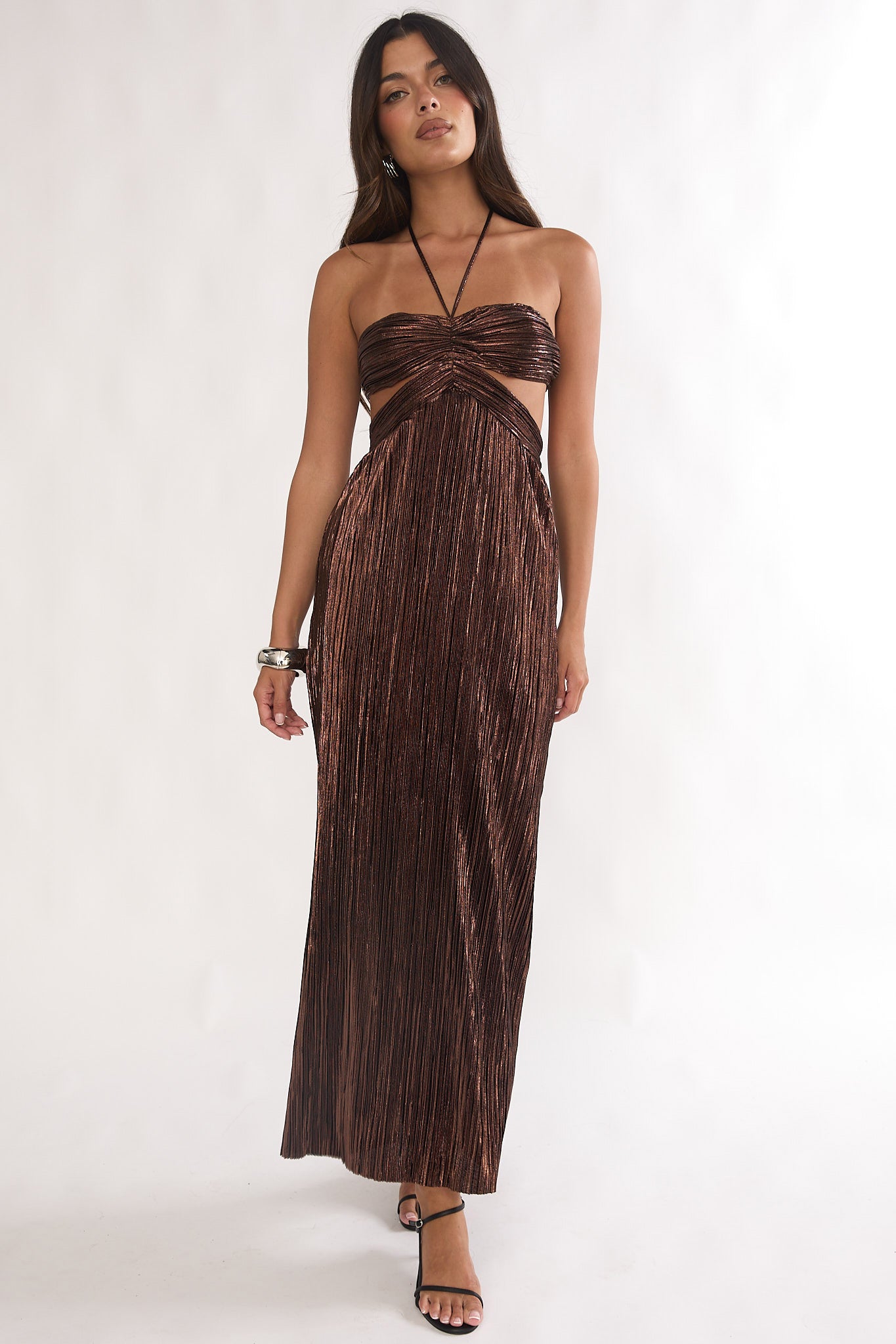 Isle Cut-Out Halterneck Maxi Dress Gold-Fable Dress