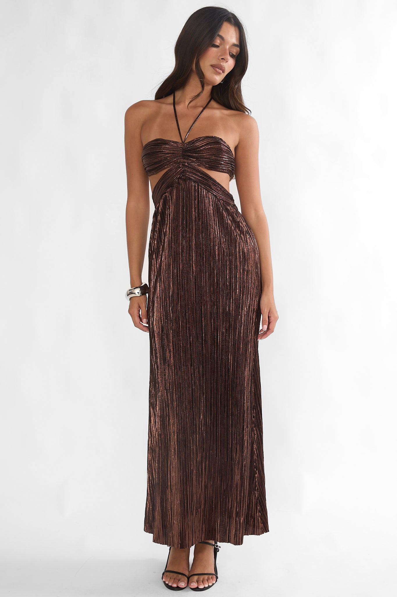 Isle Cut-Out Halterneck Maxi Dress Gold-Fable Dress