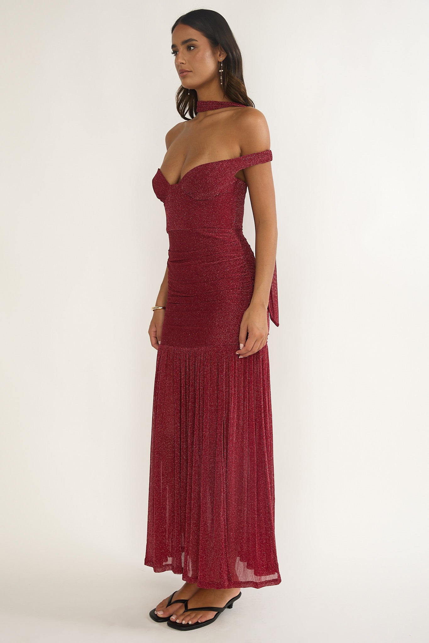 Delora Off-Shoulder Scarf Maxi Dress Red-Fable Dress