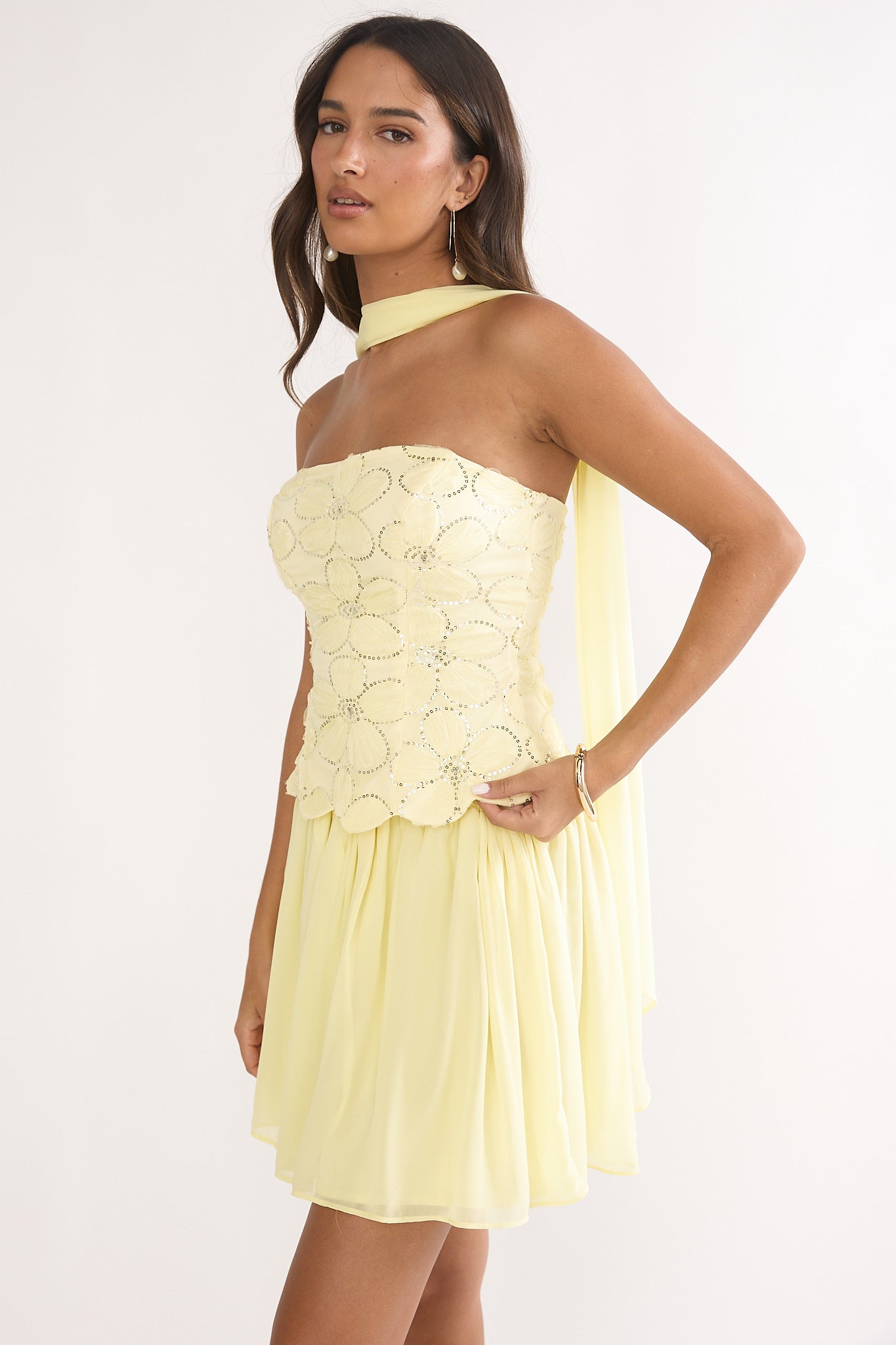 Sunset Serenade Elasticated Waist Mini Skirt Yellow-Fable Dress