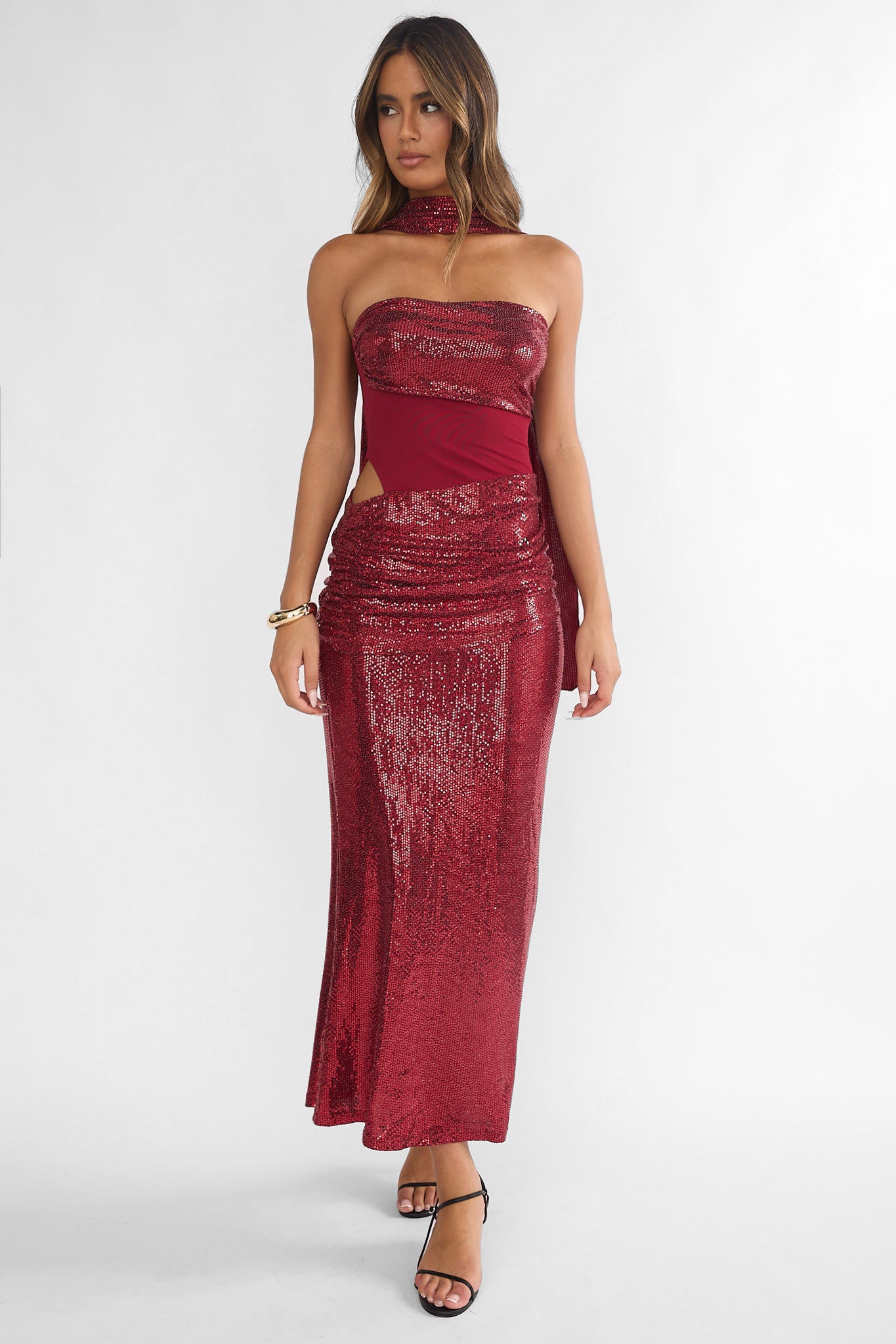 Seraphinna Strapless Cut-Out Maxi Dress Sequin Red-Fable Dress