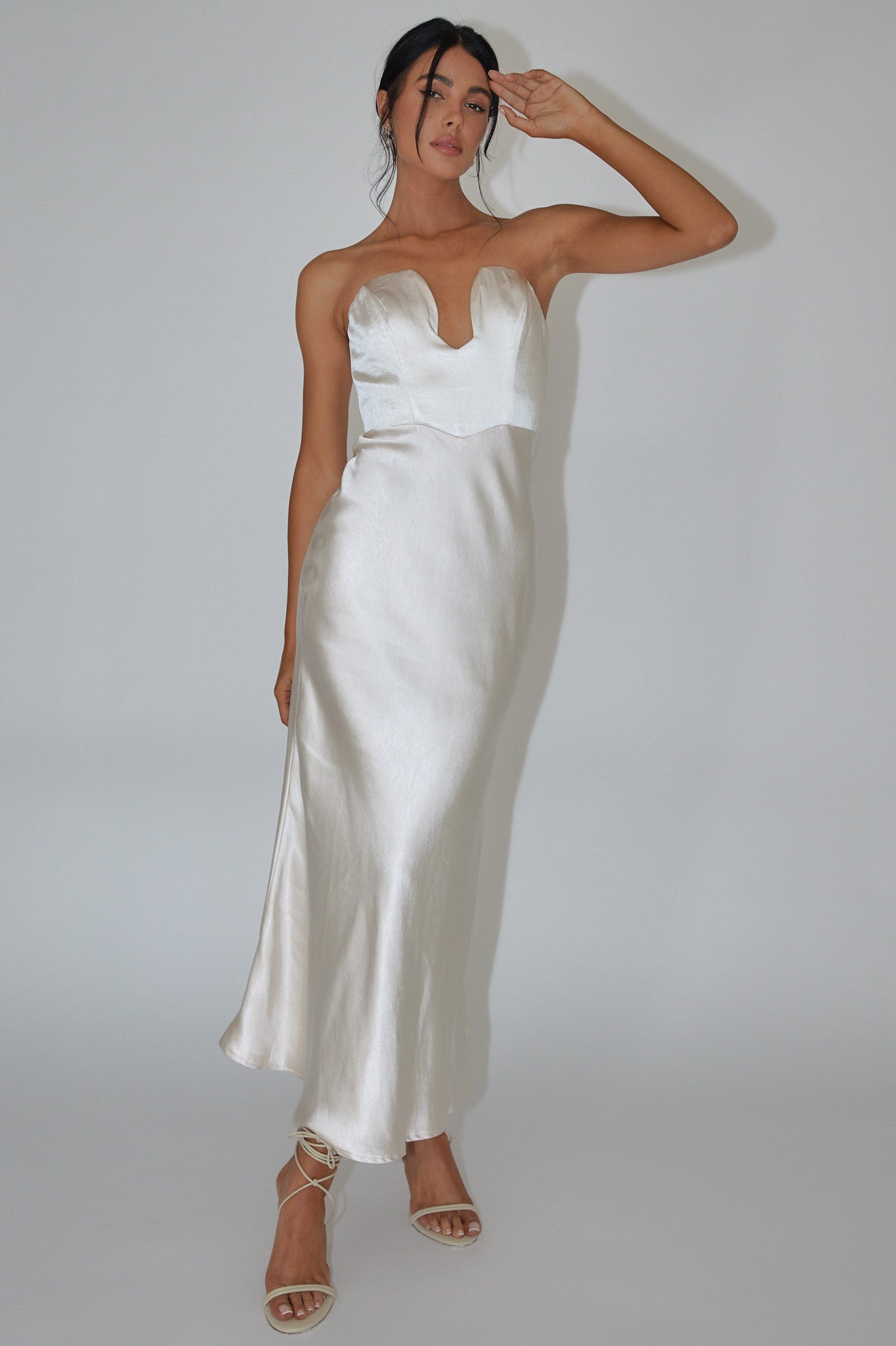 Encore Strapless Satin Maxi Dress Champagne-Fable Dress