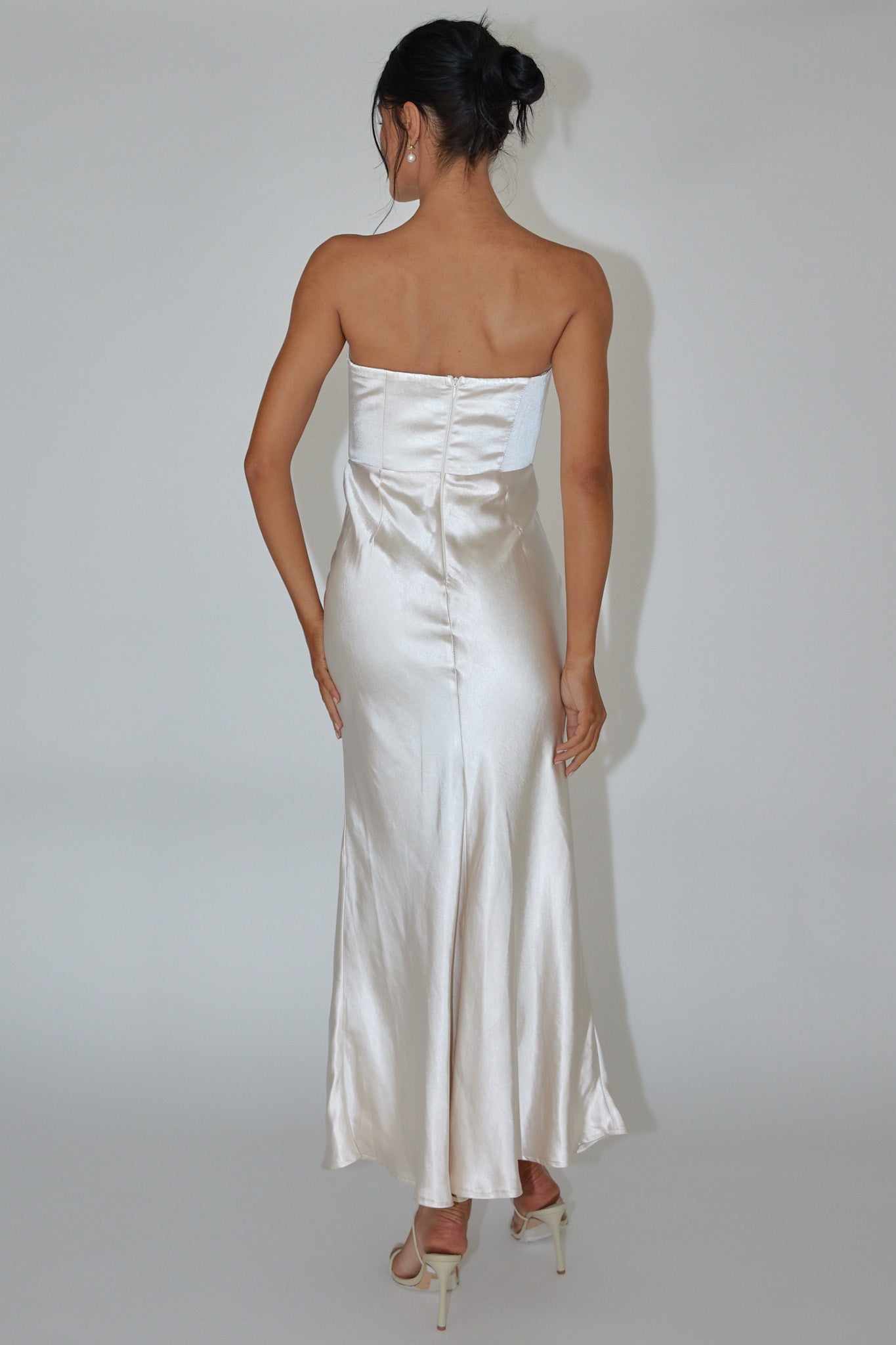 Encore Strapless Satin Maxi Dress Champagne-Fable Dress