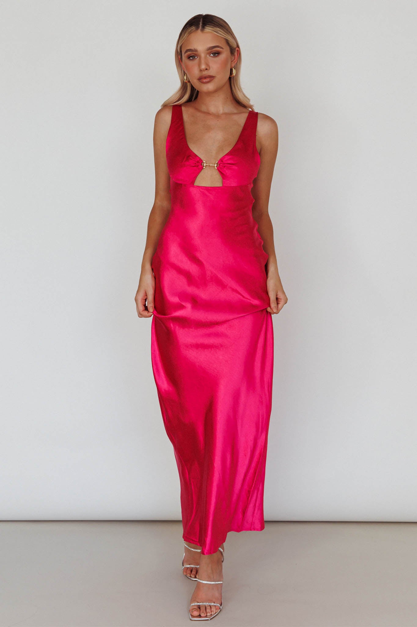 Blushing Beauty Horsebit Accent Maxi Dress Hot Pink-Fable Dress