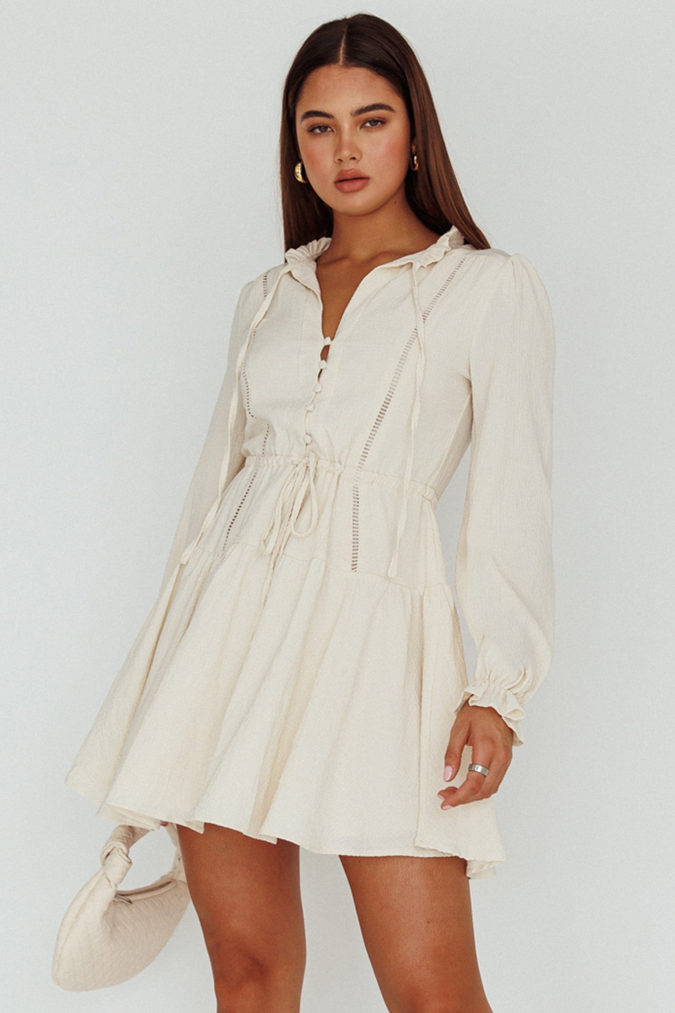 Waverly Long Sleeve Mini Dress Beige-Fable Dress