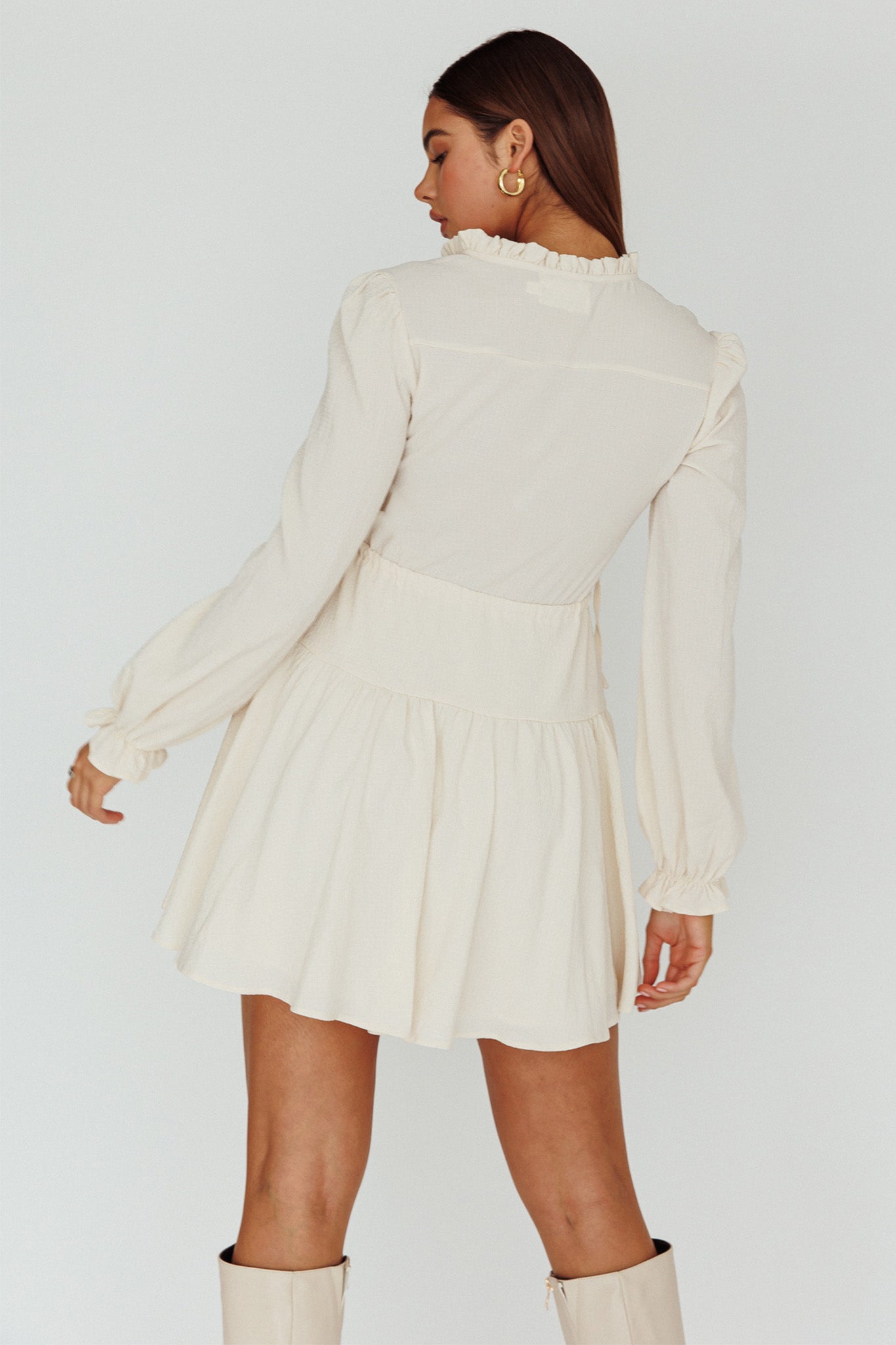 Waverly Long Sleeve Mini Dress Beige-Fable Dress