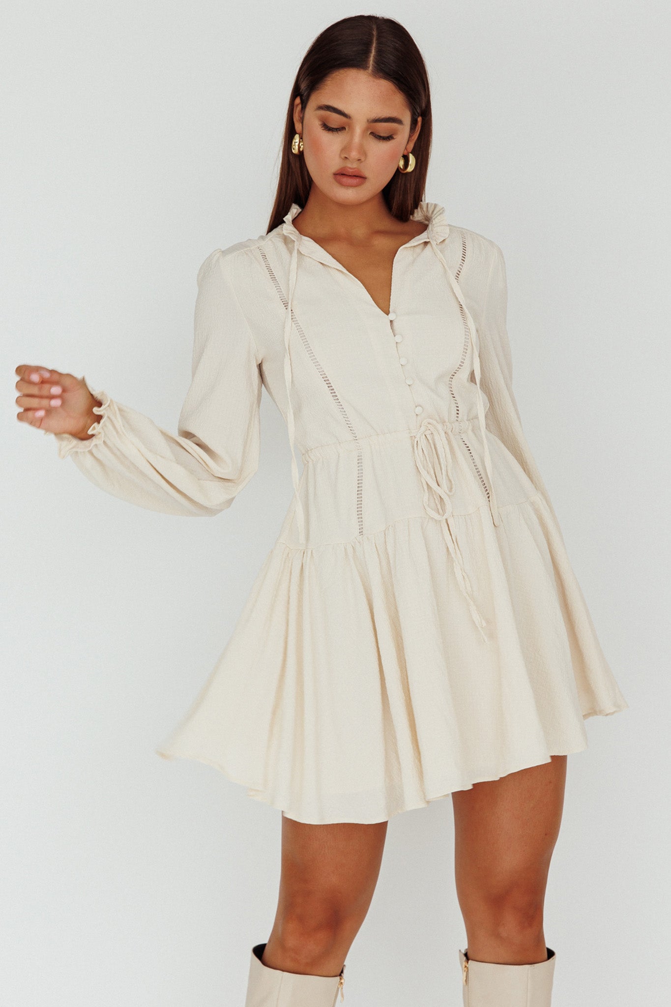 Waverly Long Sleeve Mini Dress Beige-Fable Dress