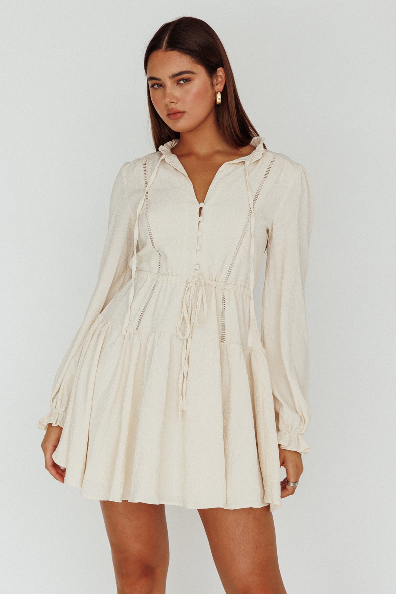 Waverly Long Sleeve Mini Dress Beige-Fable Dress