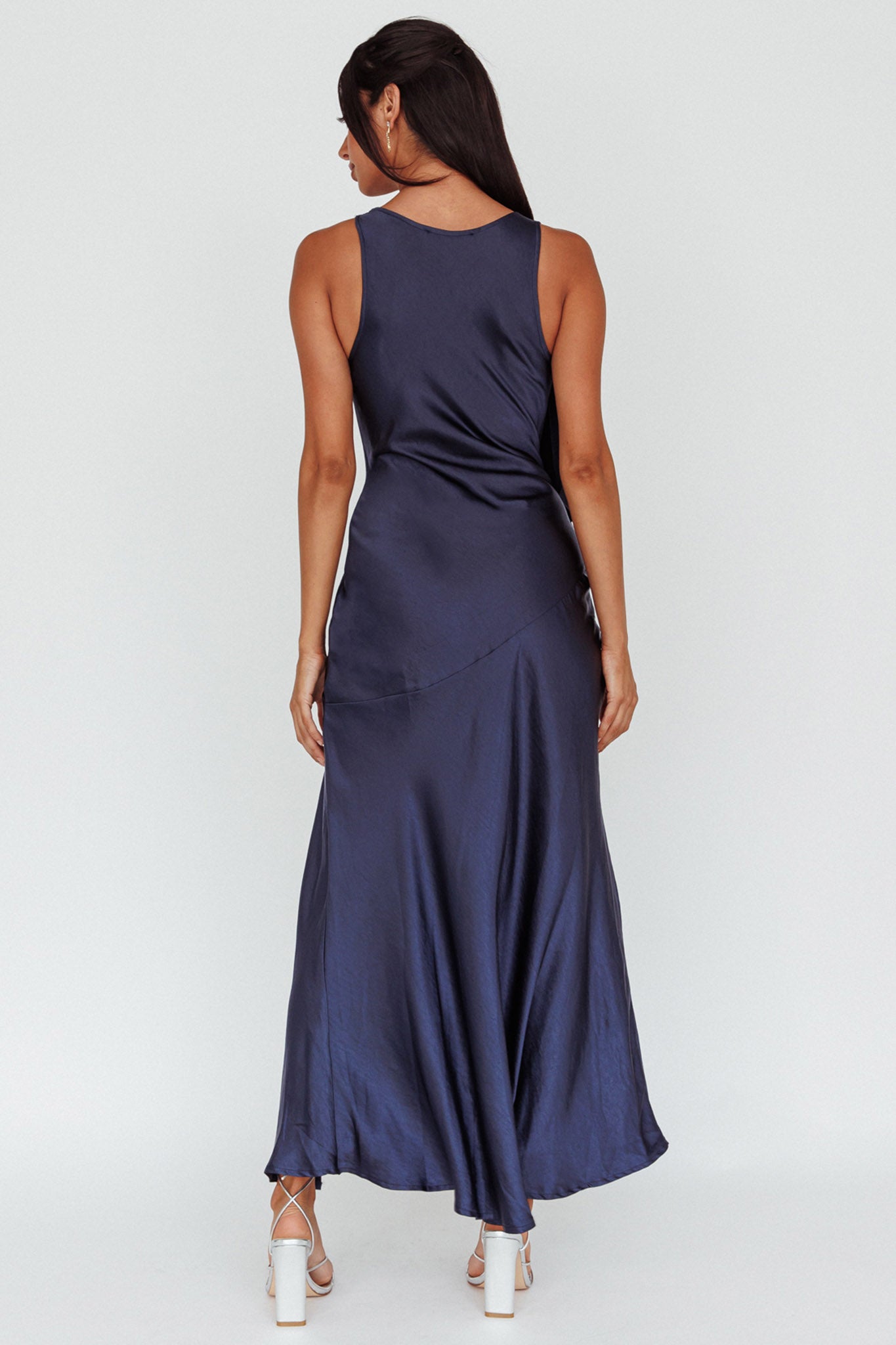 Averie Bow Shoulder Split Midi Dress Navy-Fable Dress