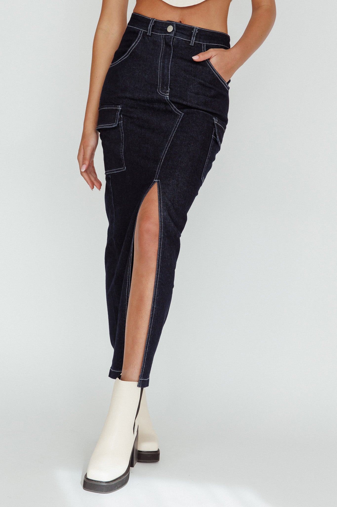 Mercury Retrograde Pocket Midi Skirt Indigo-Fable Dress