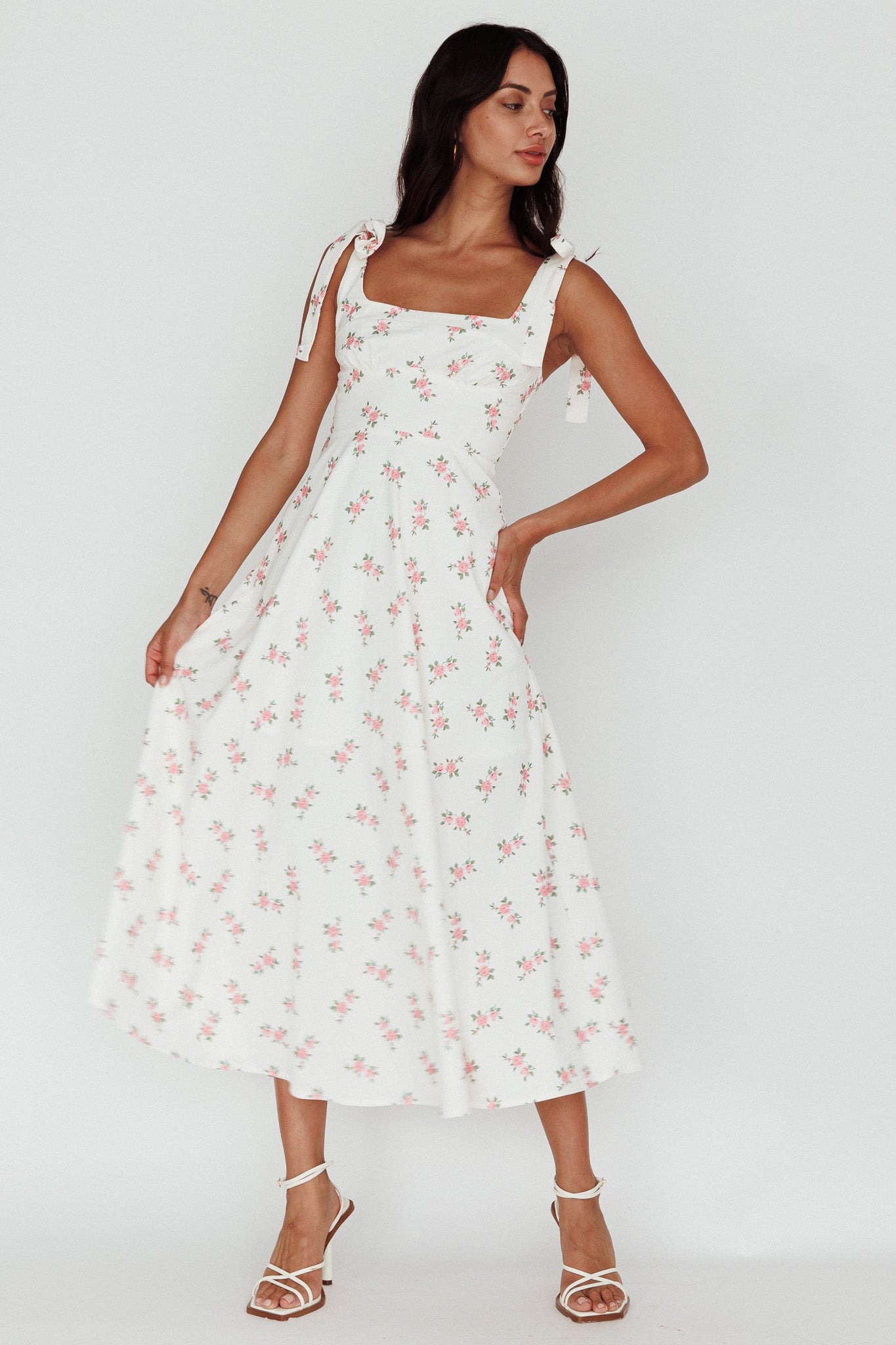 Mathilda Tied Shoulder Midi Dress Pink Floral-Fable Dress