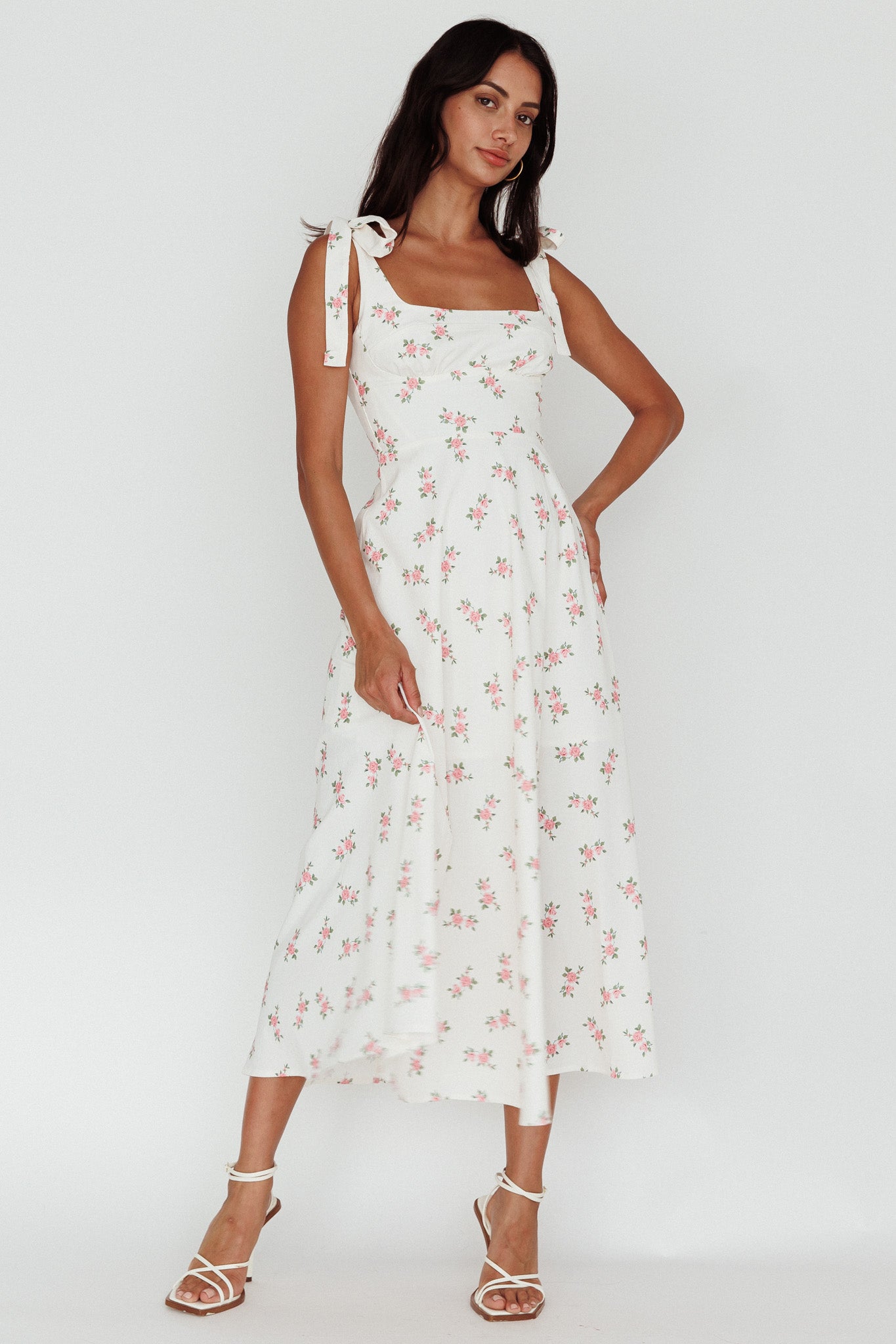 Mathilda Tied Shoulder Midi Dress Pink Floral-Fable Dress