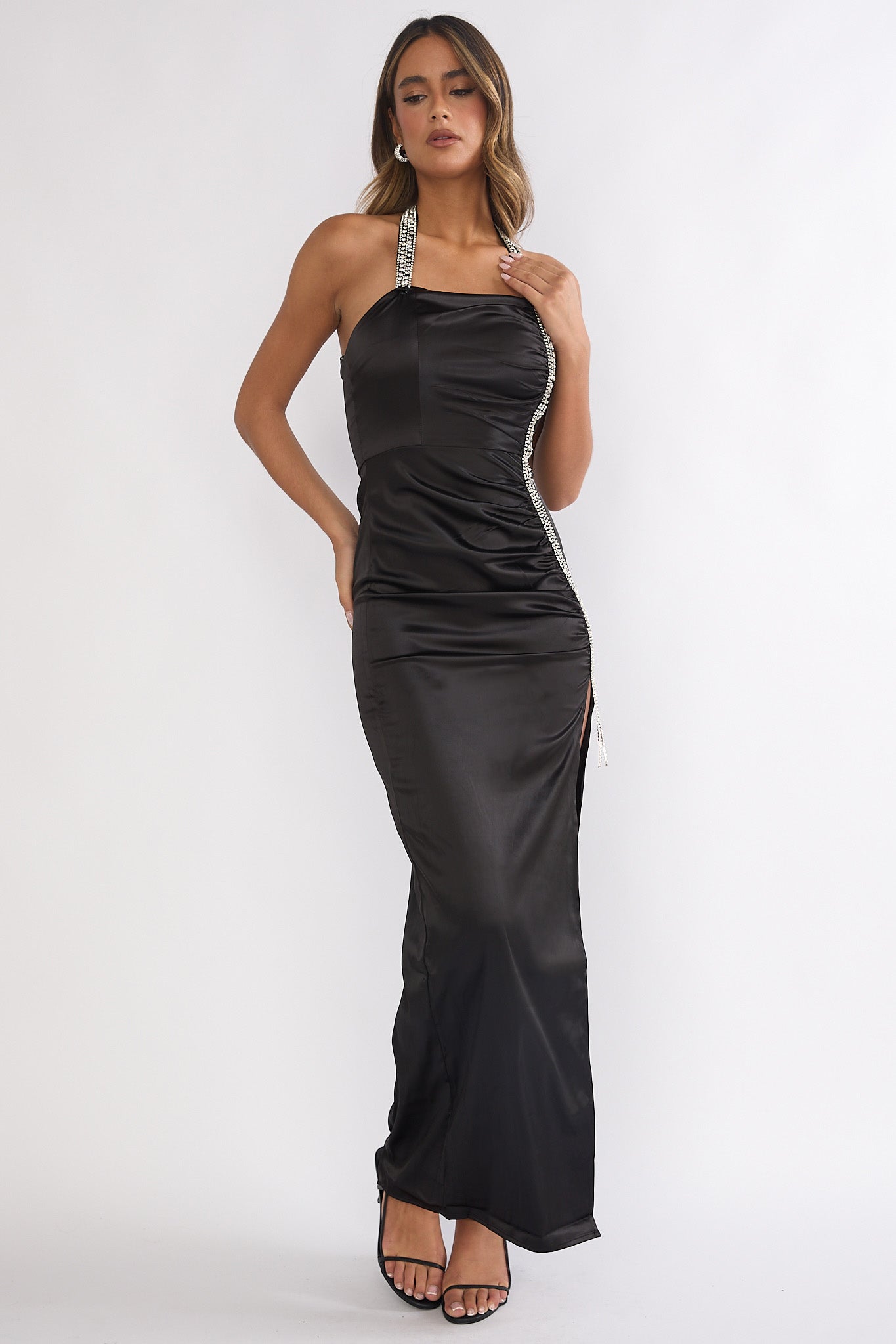Glitterati Halter Diamante Maxi Dress Black-Fable Dress