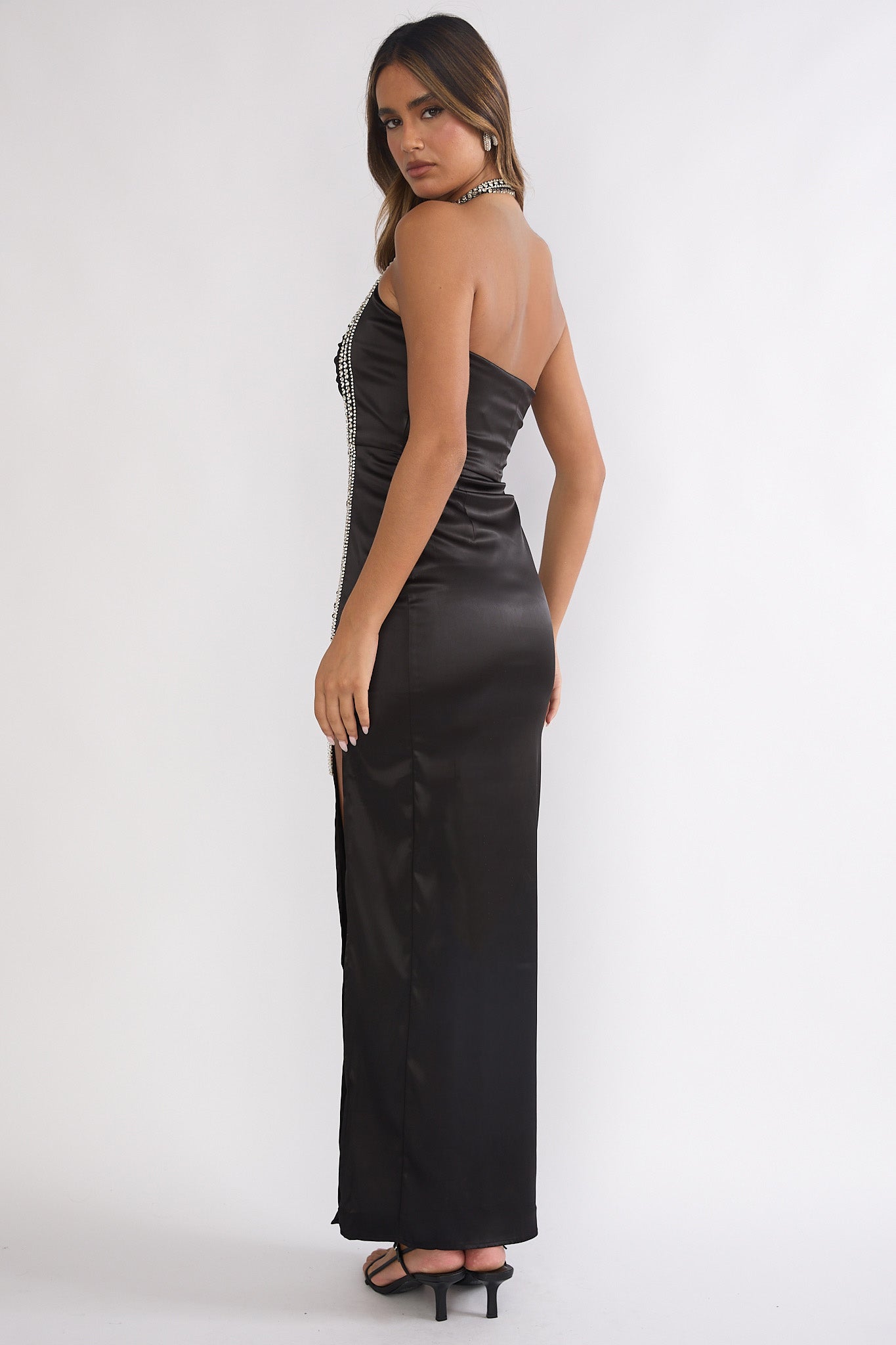 Glitterati Halter Diamante Maxi Dress Black-Fable Dress