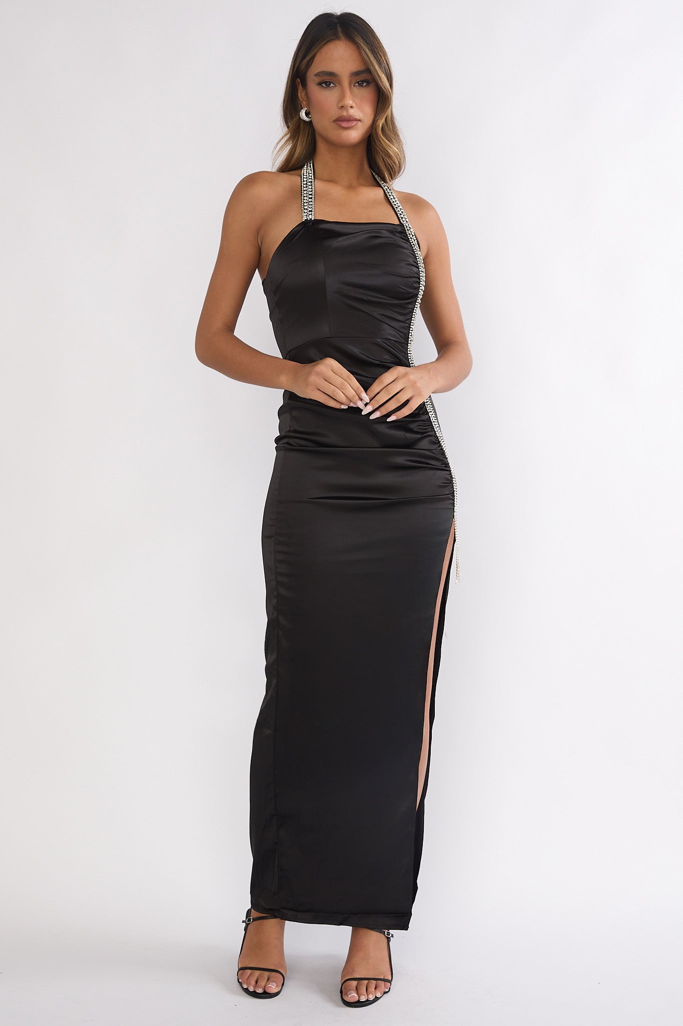 Glitterati Halter Diamante Maxi Dress Black-Fable Dress
