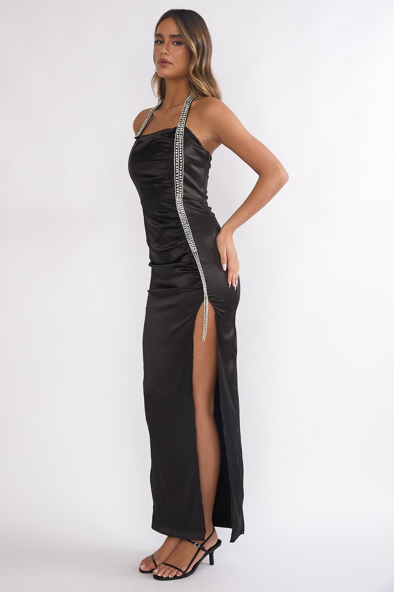 Glitterati Halter Diamante Maxi Dress Black-Fable Dress