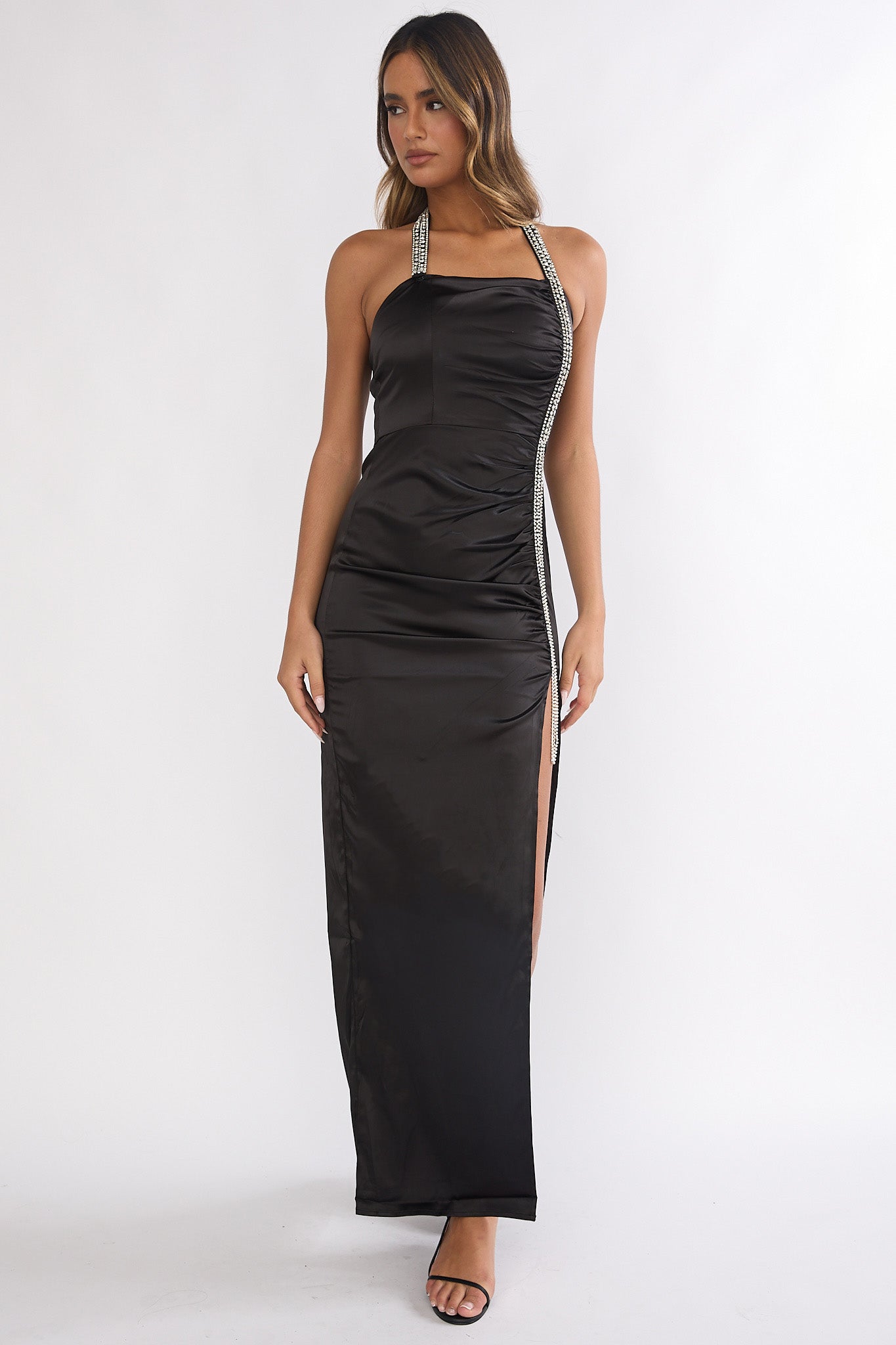 Glitterati Halter Diamante Maxi Dress Black-Fable Dress