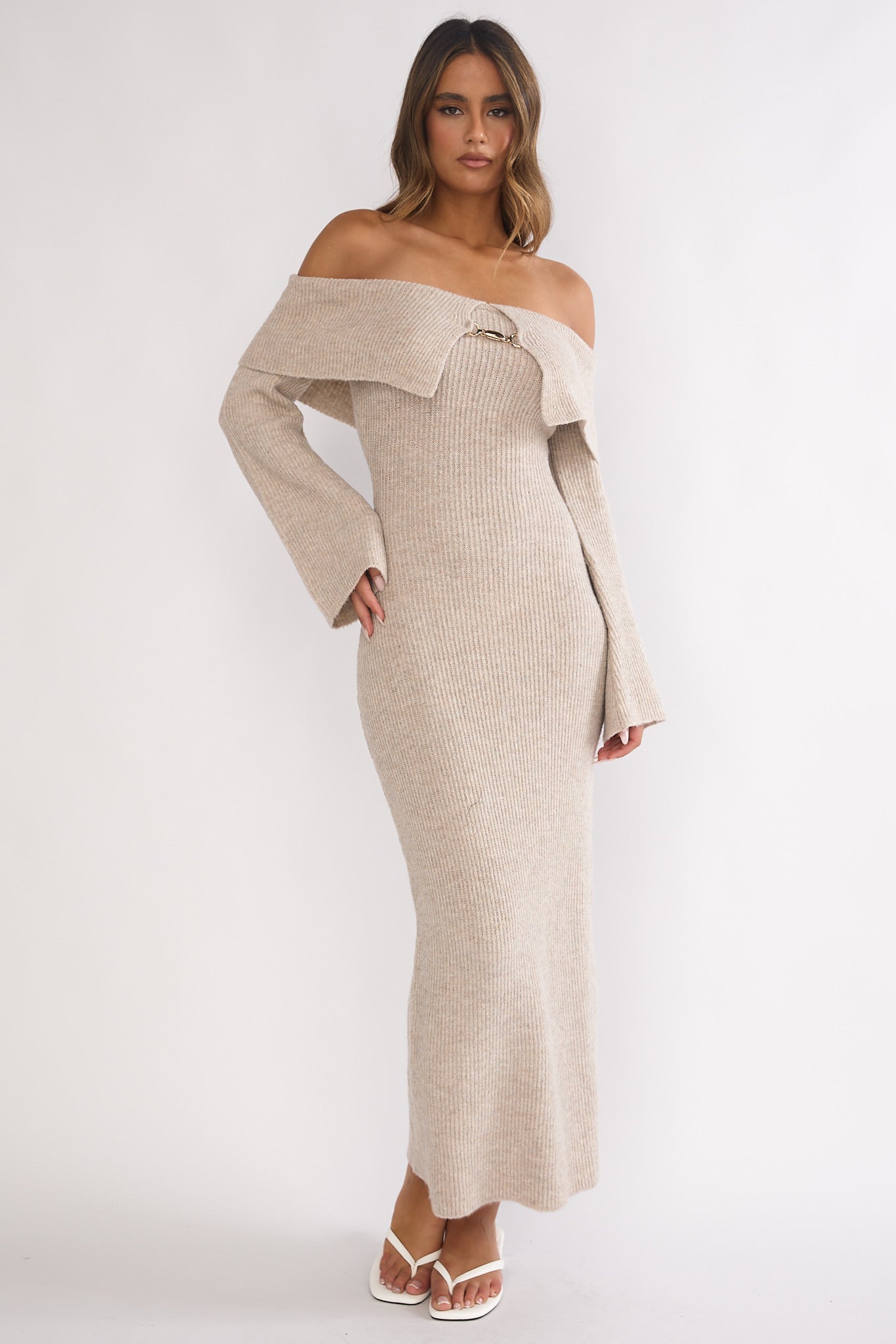 Arwyn Foldover Off-Shoulder Knit Maxi Dress Quinoa-Fable Dress