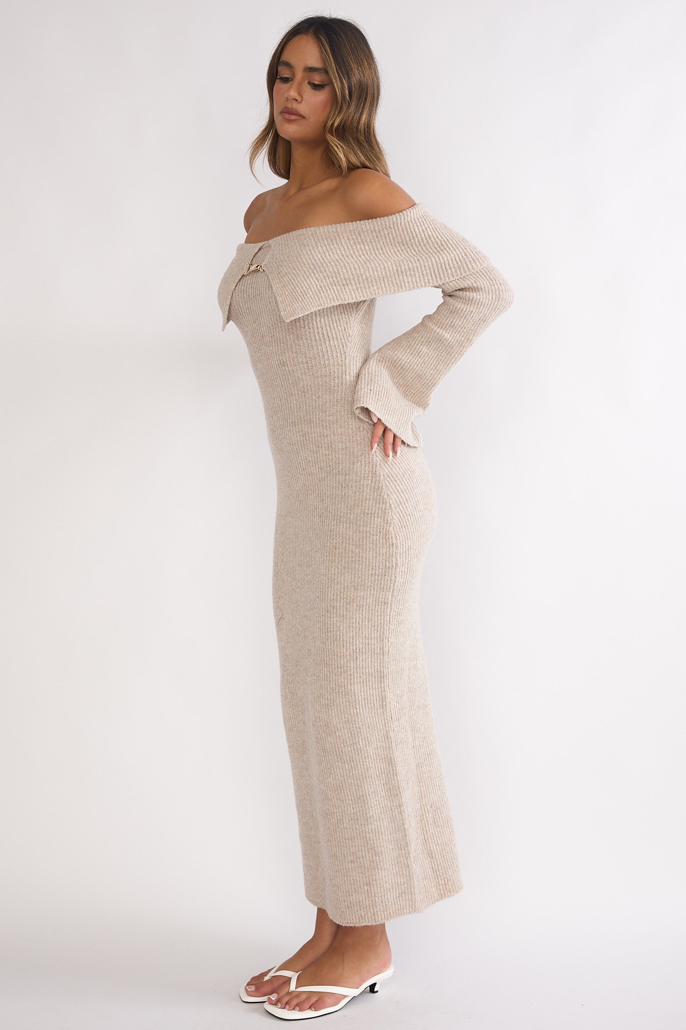 Arwyn Foldover Off-Shoulder Knit Maxi Dress Quinoa-Fable Dress