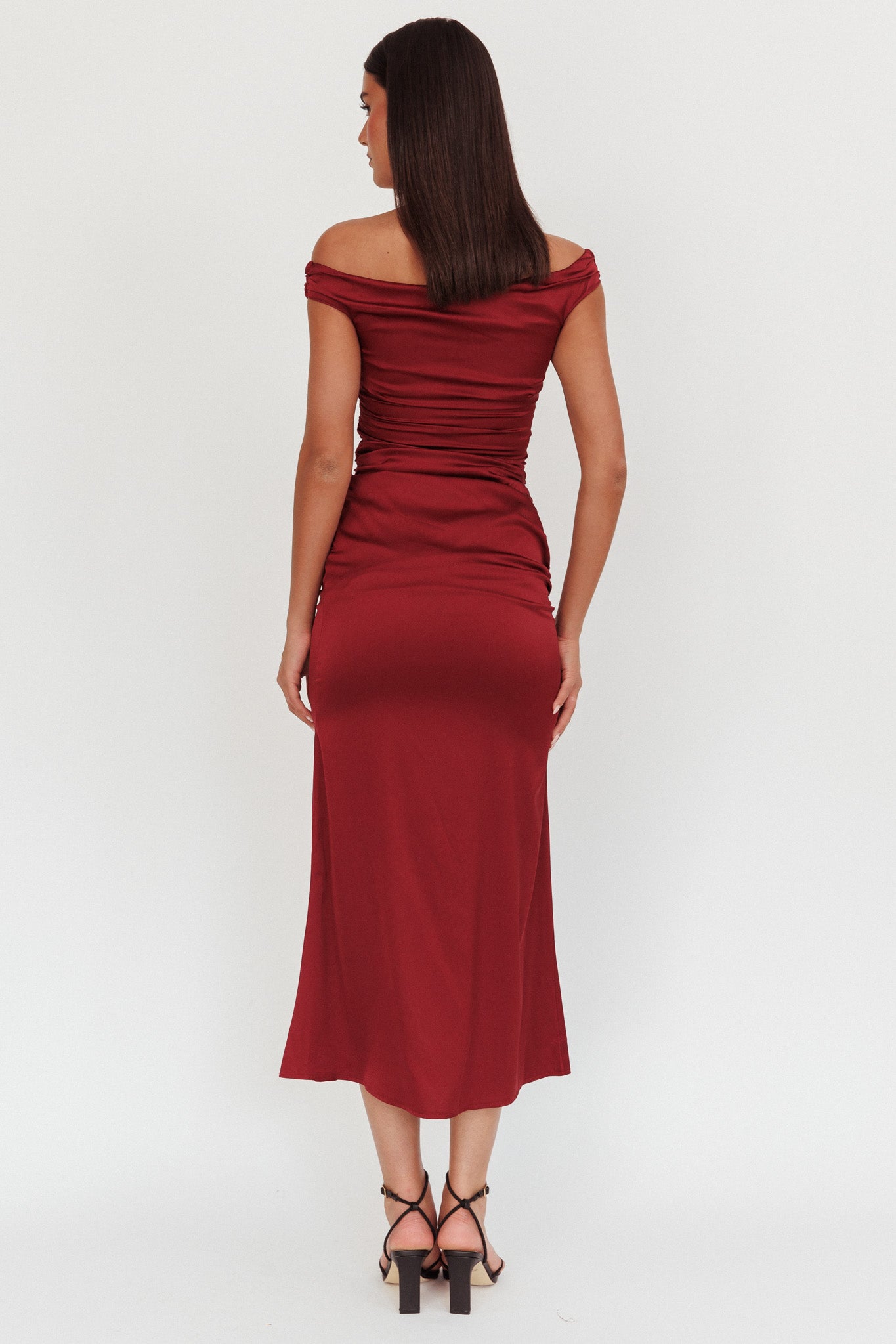 In Blooms Off Shoulder Satin Maxi Dress Wine-Fable Dress