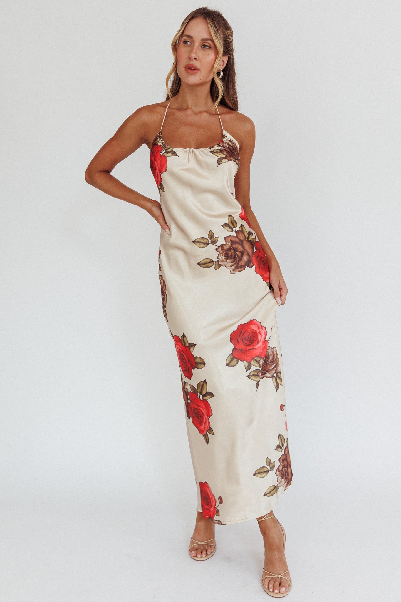 Aspen Spring Lace-Up Back Maxi Dress Floral Beige-Fable Dress