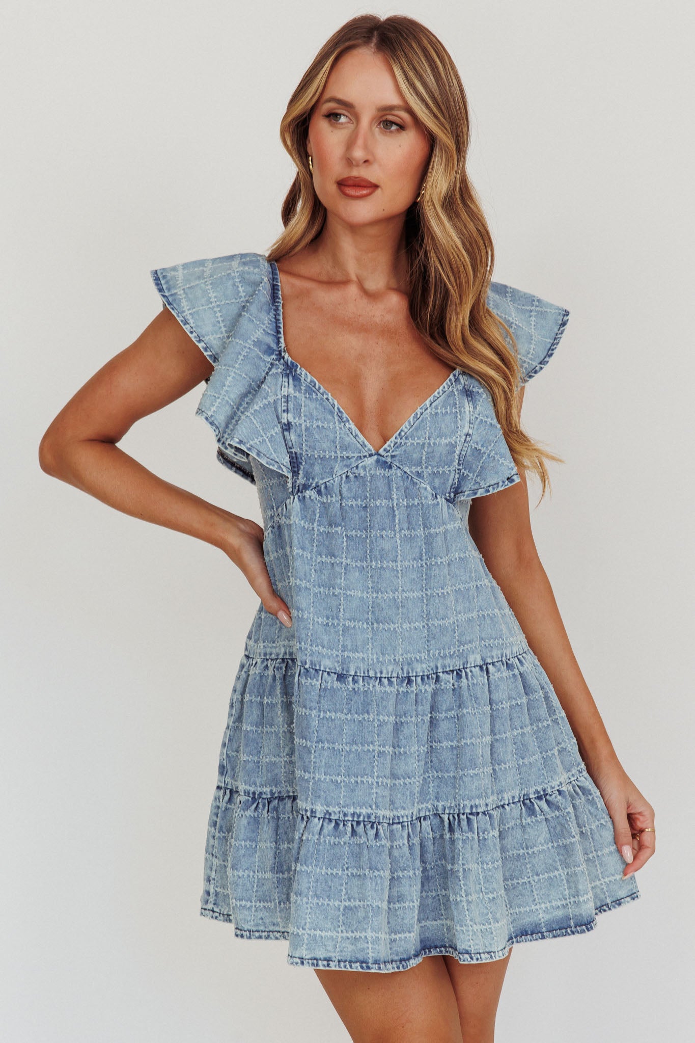 Daffodil Ruffle A-Line Mini Dress Light Blue-Fable Dress