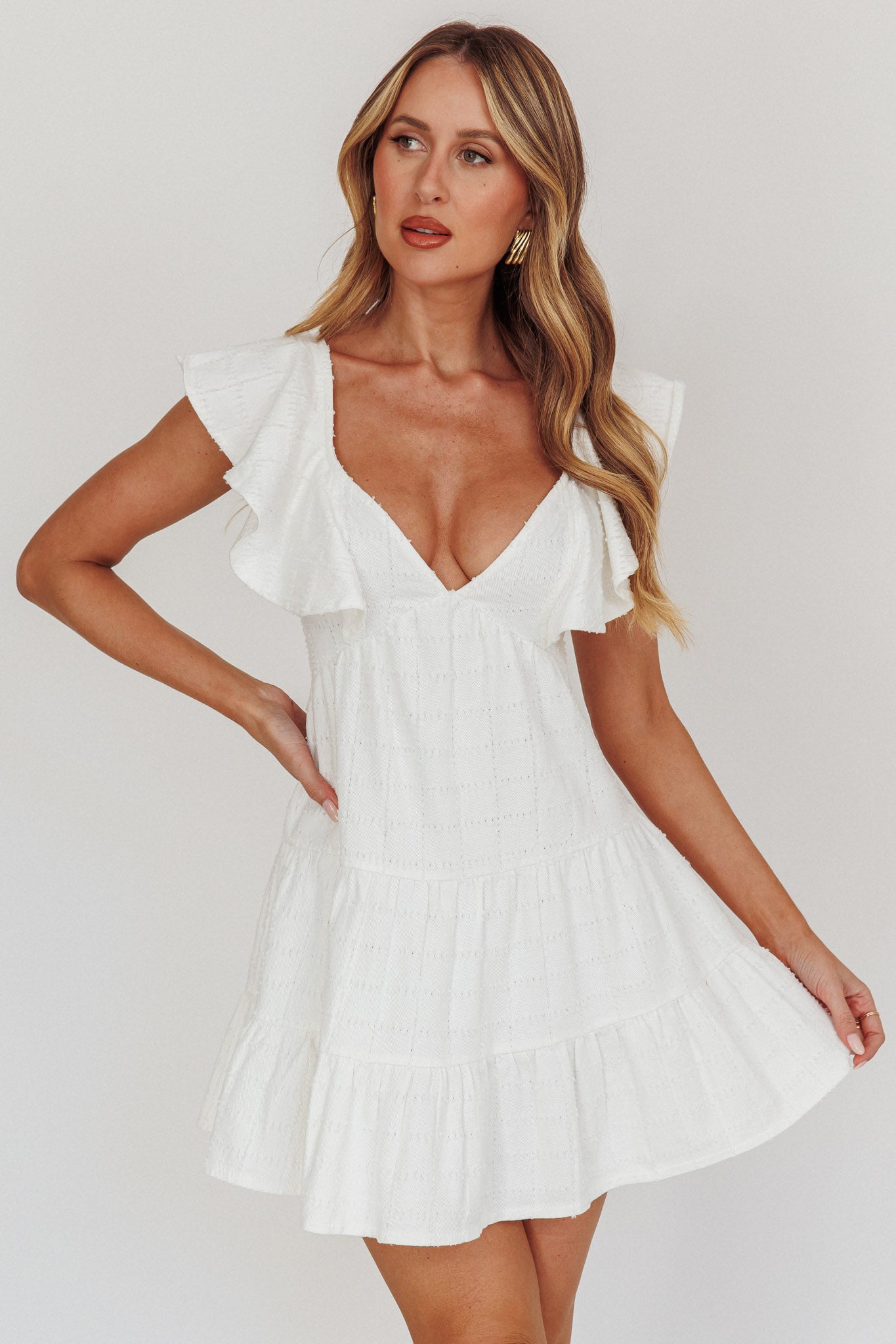Daffodil Ruffle A-Line Mini Dress White-Fable Dress