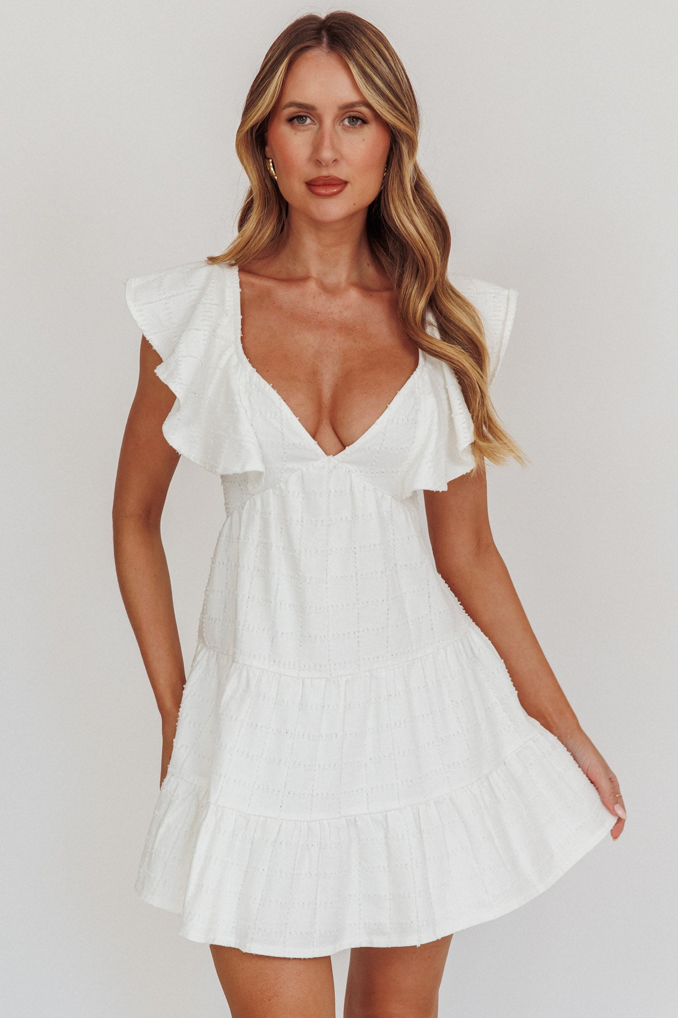 Daffodil Ruffle A-Line Mini Dress White-Fable Dress