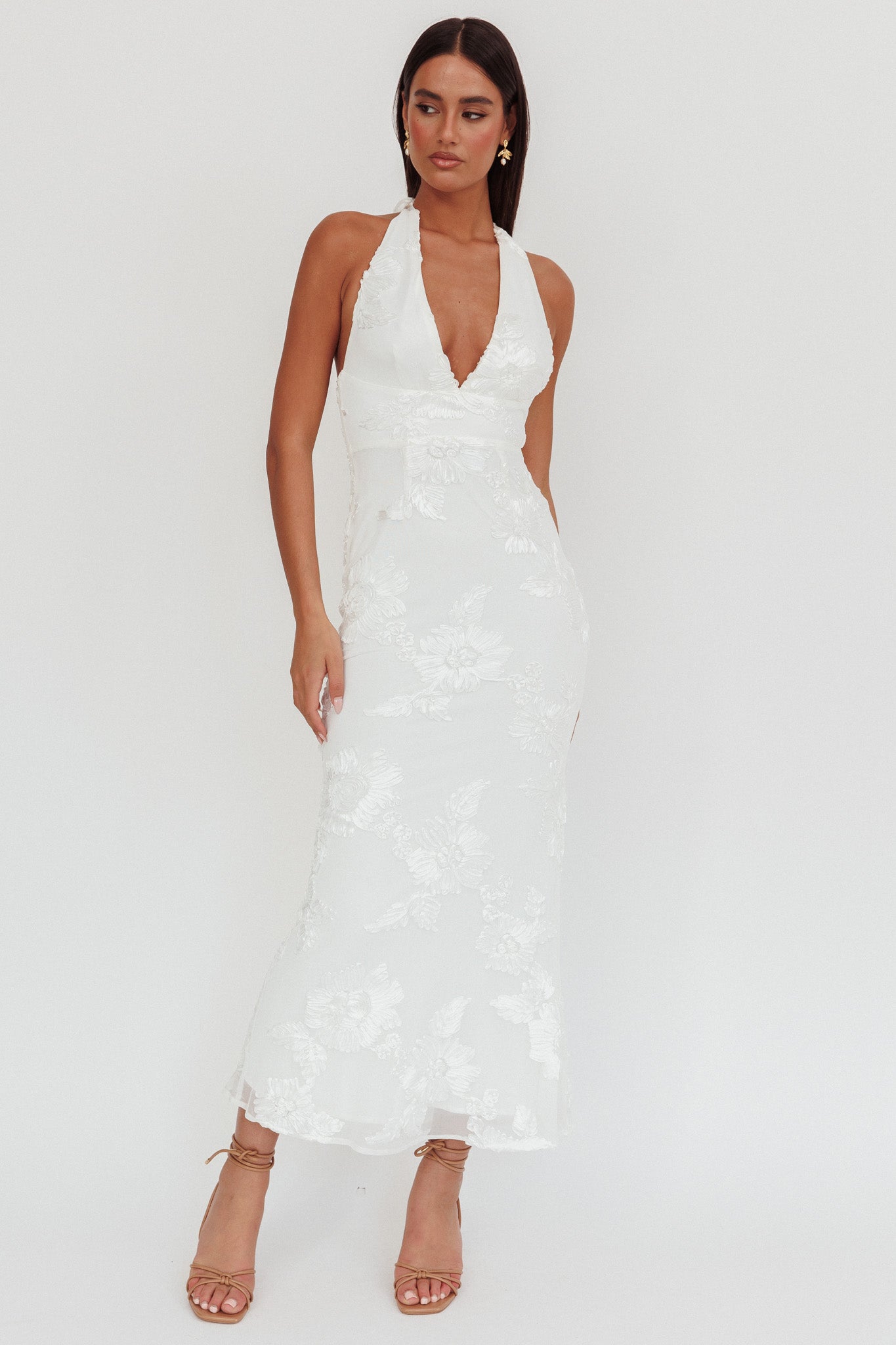 Cipriana Backless Halter Maxi Dress Embellished White-Fable Dress