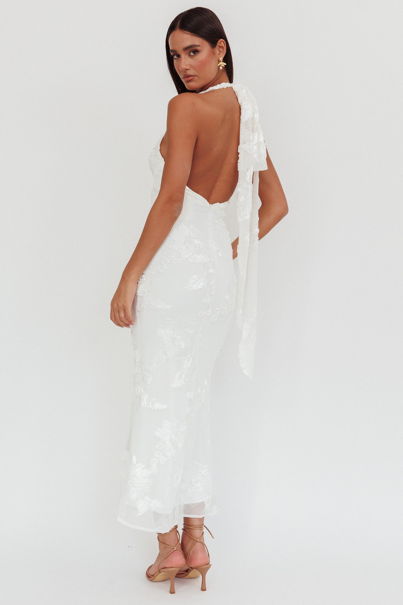 Cipriana Backless Halter Maxi Dress Embellished White-Fable Dress