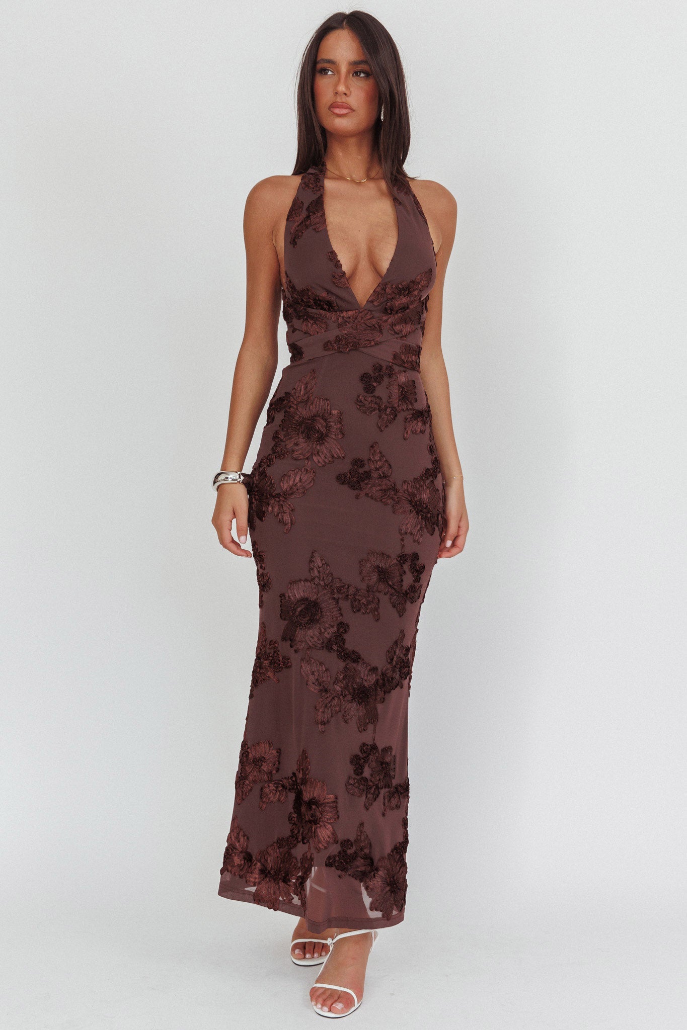 Cipriana Backless Halter Maxi Dress Embellished Brown-Fable Dress