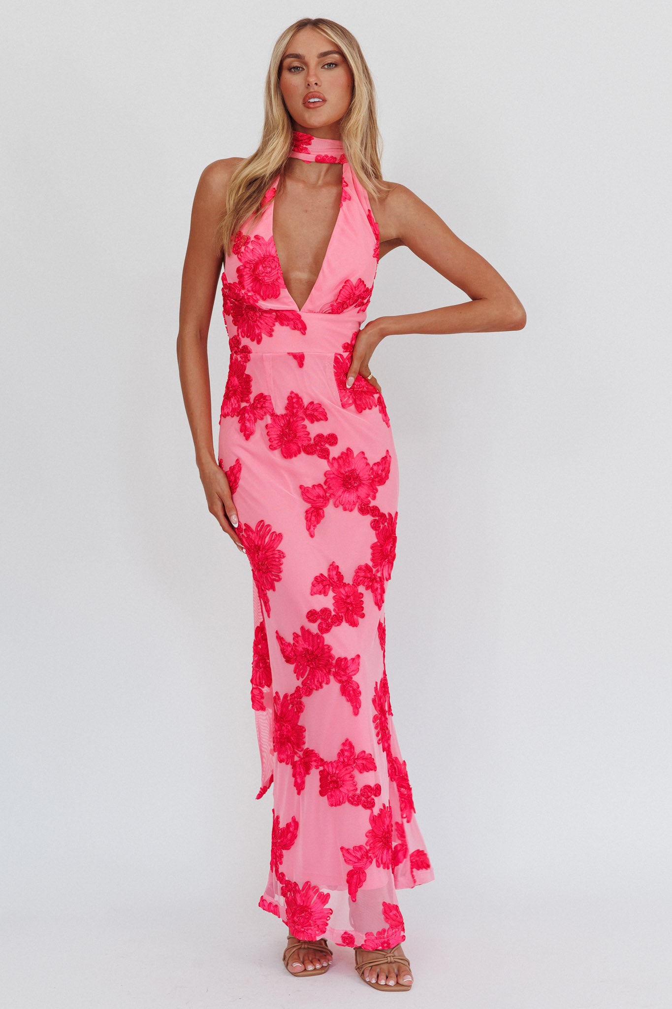 Cipriana Backless Halter Maxi Dress Embellished Pink-Fable Dress